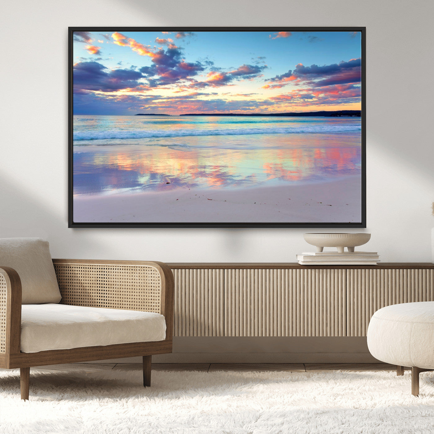 MGV-FC-36X24 - Tranquil Pastel Sunset Beach Triptych Canvas Art, Soothing Coastal Ocean Shoreline Giclee Print, Beach Reflections Wall Decor for Serene Spaces