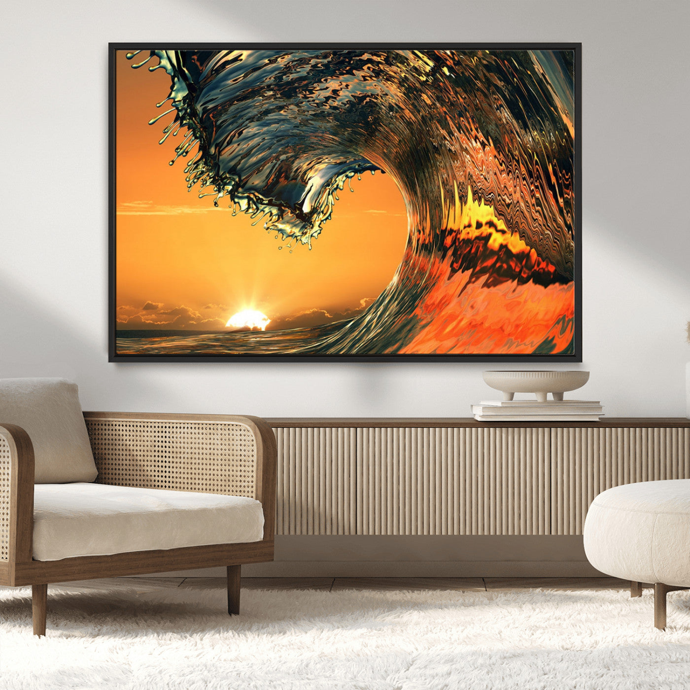 -Surf Wave Sunset Canvas Wall Art Print, 3-Panel Ocean Coastal Wall Art Print, Ocean Decor for