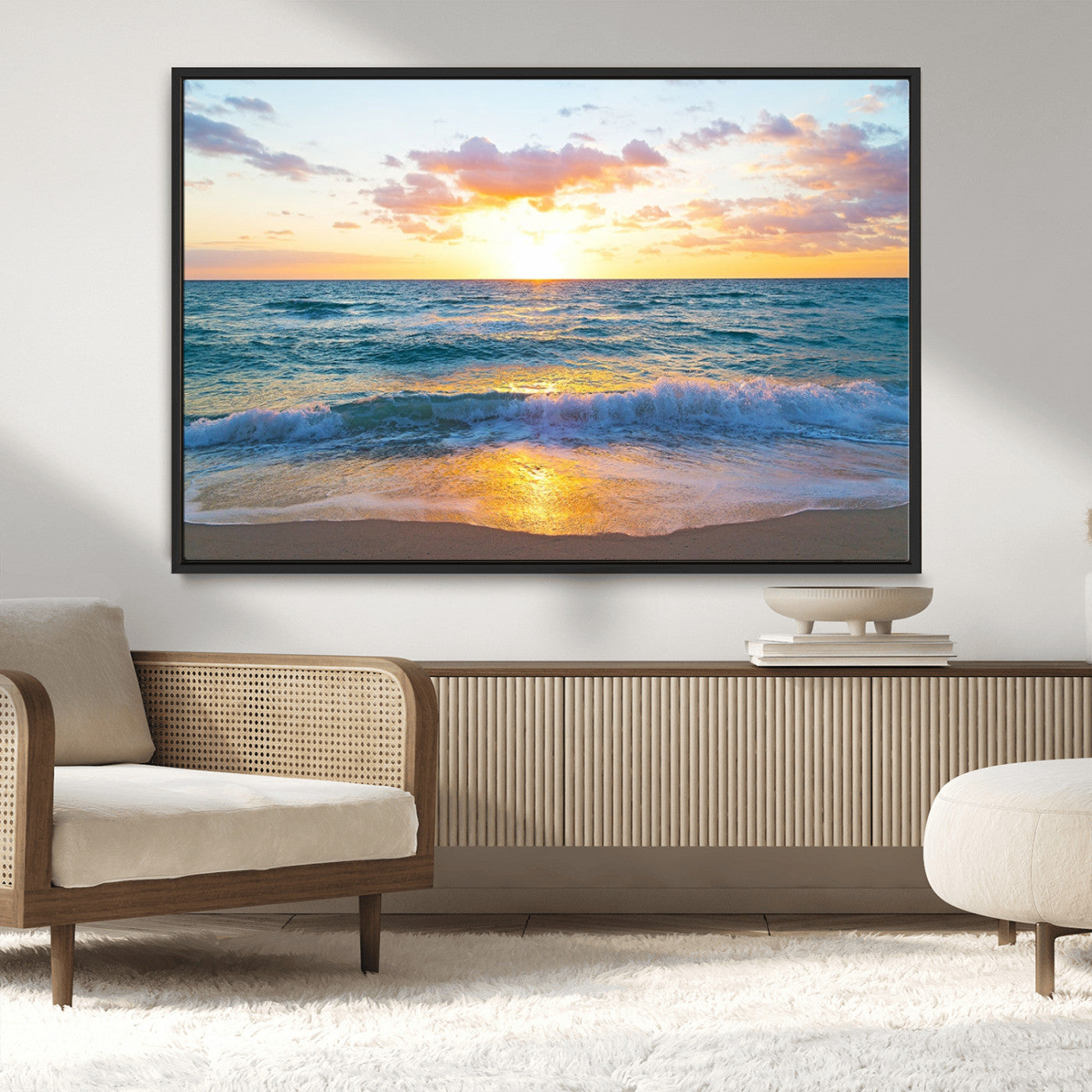 MGV-FC-36X24 - Ocean Sunset Triptych Canvas Wall Art, Giclee Beach Sunset Print with Gentle Waves, Coastal Art for Relaxation Spaces