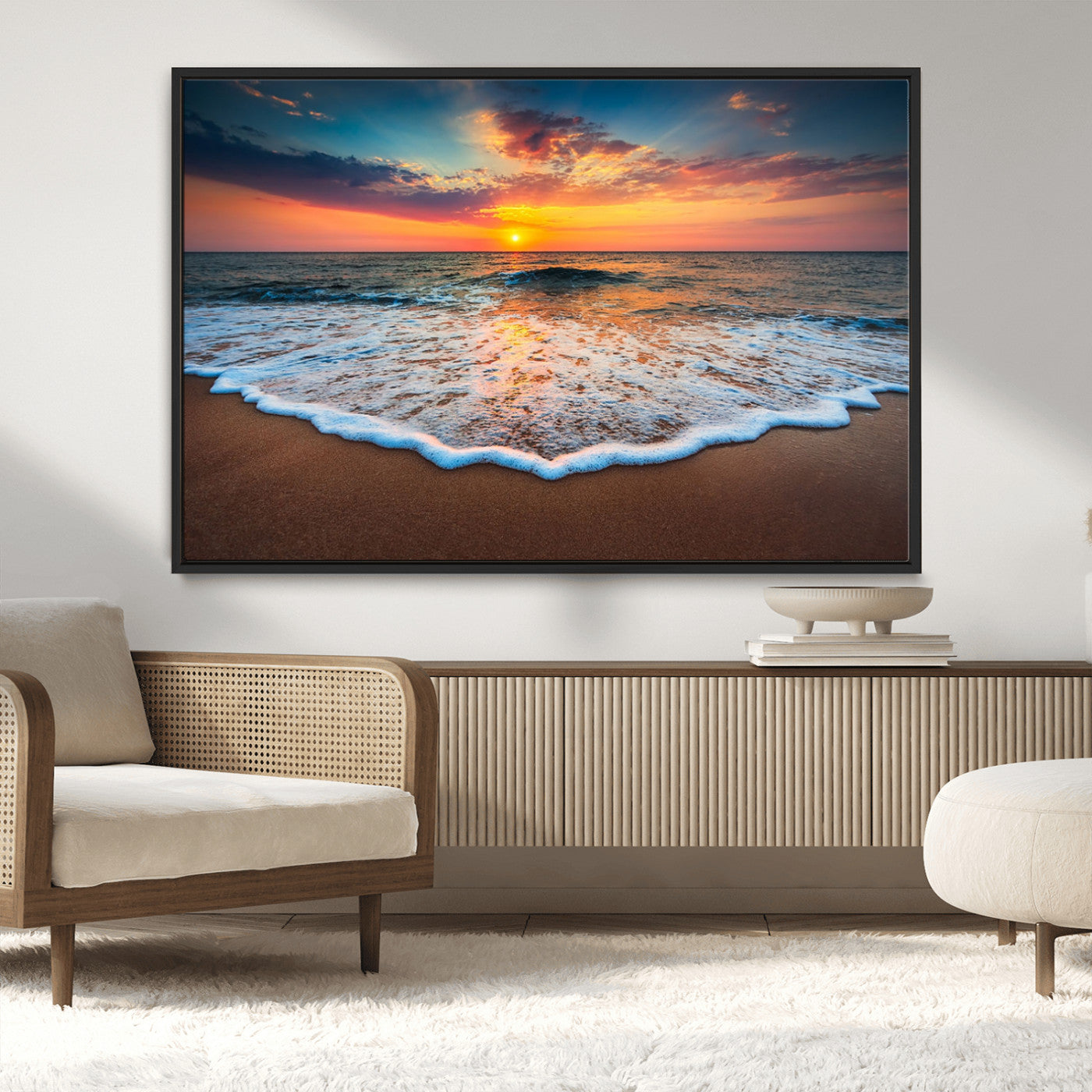 MGV-FC-36X24 - Sunset Beach Canvas Wall Art – Colorful Ocean Waves Triptych – Coastal Decor for Living Room or Bedroom – Framed and Ready to Hang