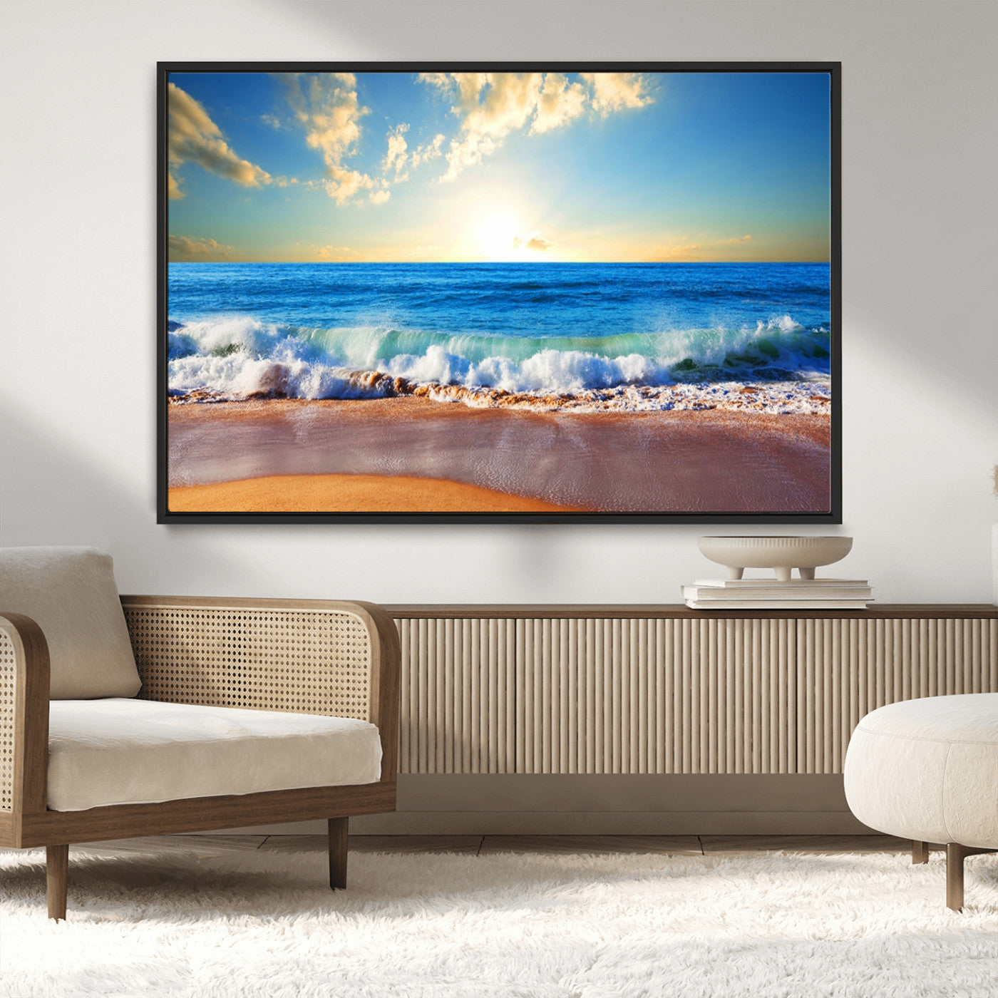 MGV-FC-36X24 - Tropical Beach Sunset Canvas Art, Ocean Waves and Sandy Shoreline Wall Art, Large Beach Decor for Coastal Homes