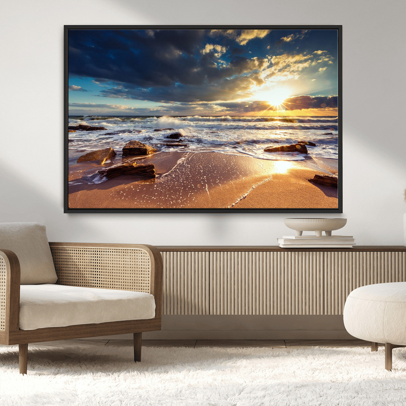 MGV-FC-36X24 - Golden Hour Beach Sunset Canvas Triptych, Ocean Waves and Rocks Wall Art for Coastal Home Decor