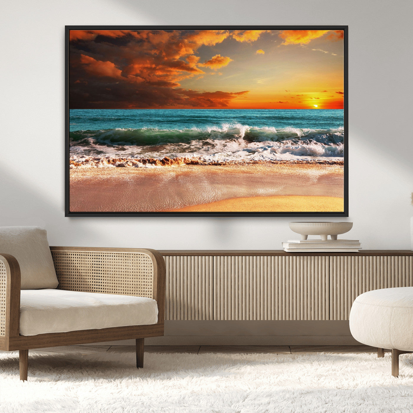 MGV-FC-36X24 - Golden Sunset Beach Canvas Wall Art – Triptych Seascape Print – Framed and Ready to Hang for Living Room or Office