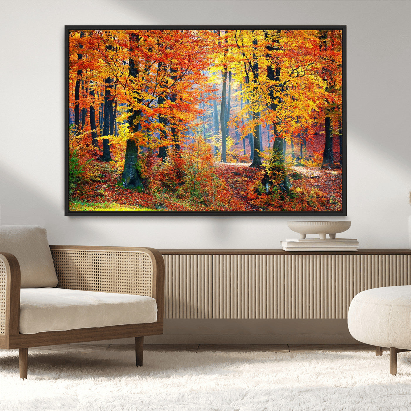 MGV-FC-36X24 - Autumn Red Forest Triptych Canvas Wall Art Print, Forest Wall Decor, Fall Landscape Art | Season Nature Landscape for Home or Office