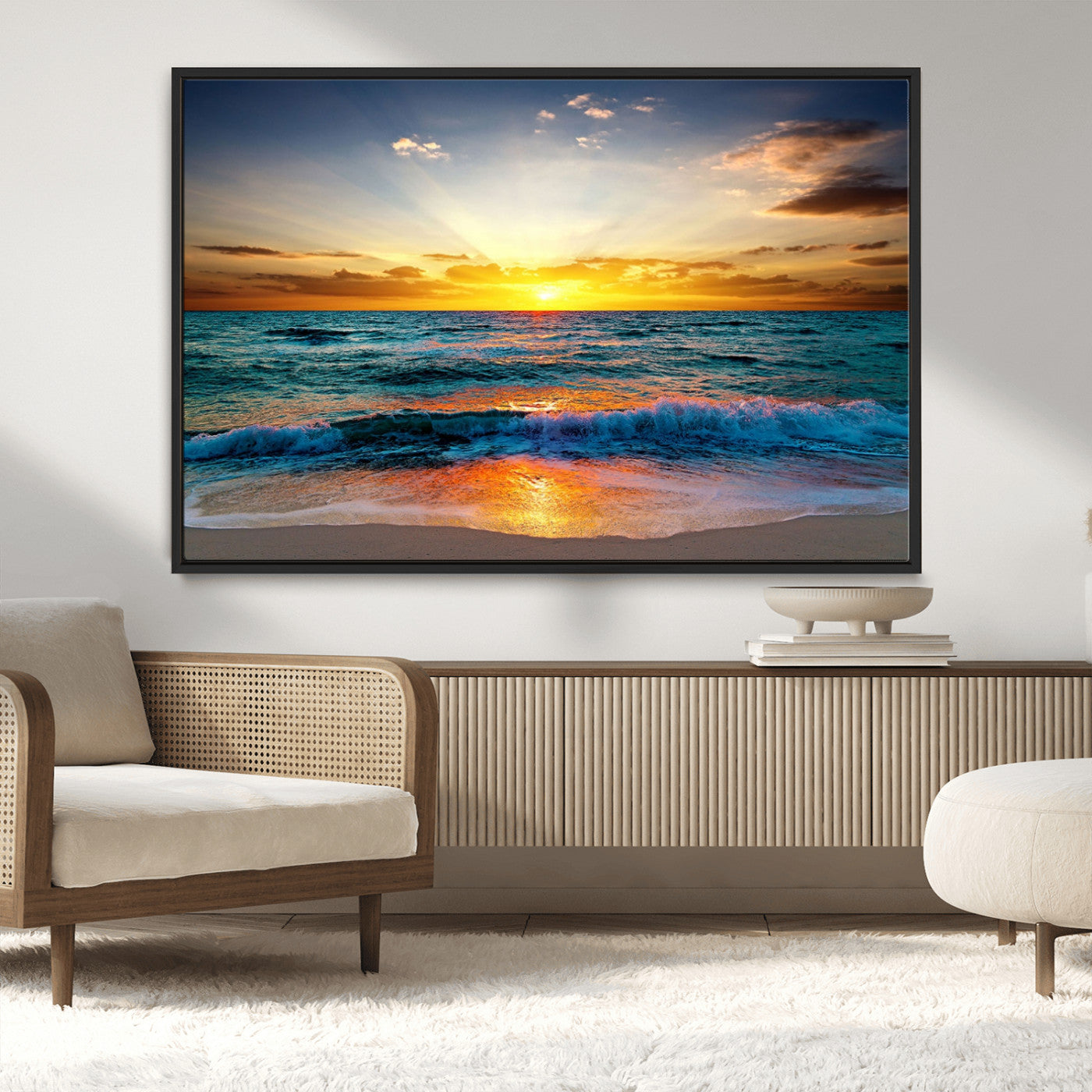 MGV-FC-36X24 - Vibrant Ocean Sunrise Over Golden Beach Waves, Giclee Canvas Wall Art Set, High-Quality Stretched Canvas Print, Ready to Hang Coastal Sunset Wall