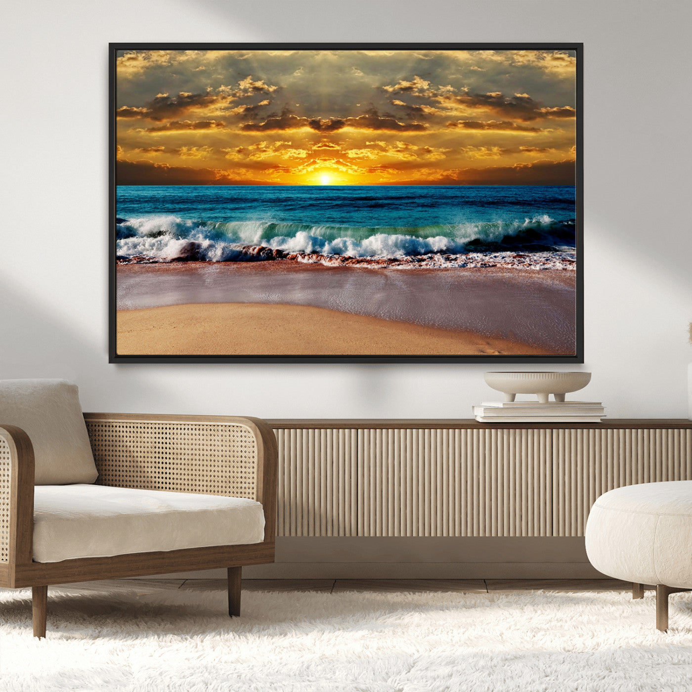 MGV-FC-36X24 - Ocean Sunrise Over Golden Beach Waves, Giclee Canvas Wall Art Set, High-Quality Stretched Canvas Print, Ready to Hang Coastal Sunset Wall Decor