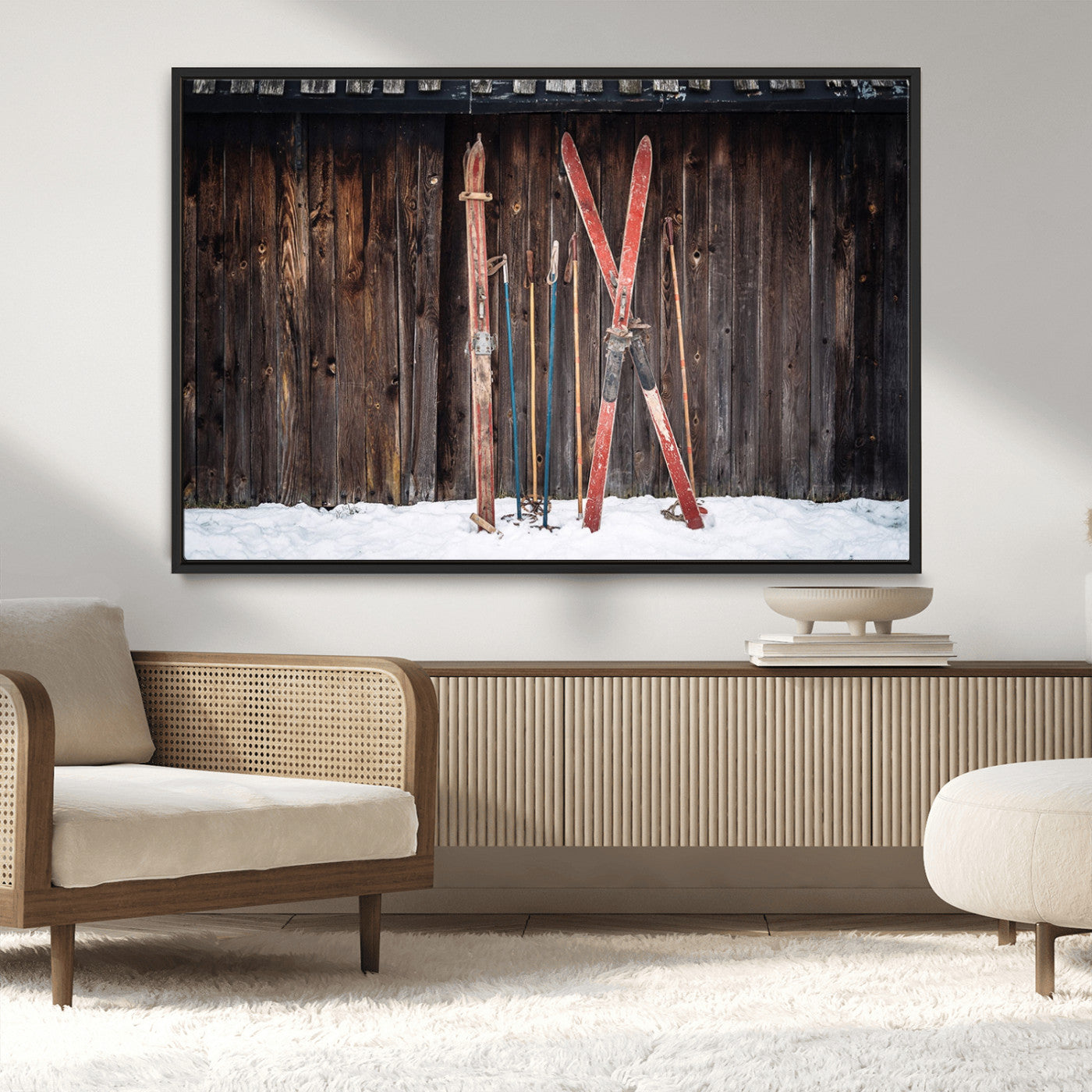 MGV-FC-36X24 - Vintage Ski Gear Against Wooden Cabin Wall, Rustic Winter Sports Equipment Canvas Print, Ready to Hang Wall Art, Perfect for Lodge or Ski Cabin Decor