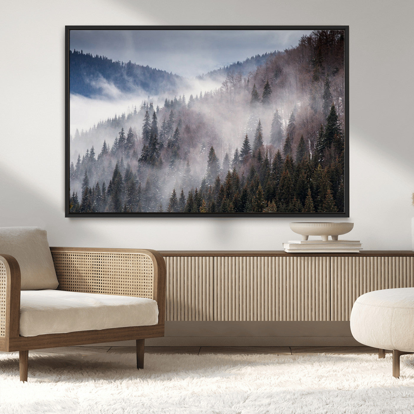 MGV-FC-36X24 - Beautiful Rising Fog in Winter Mountain Landscape - Framed Rising Fog in Winter Mountain Canvas