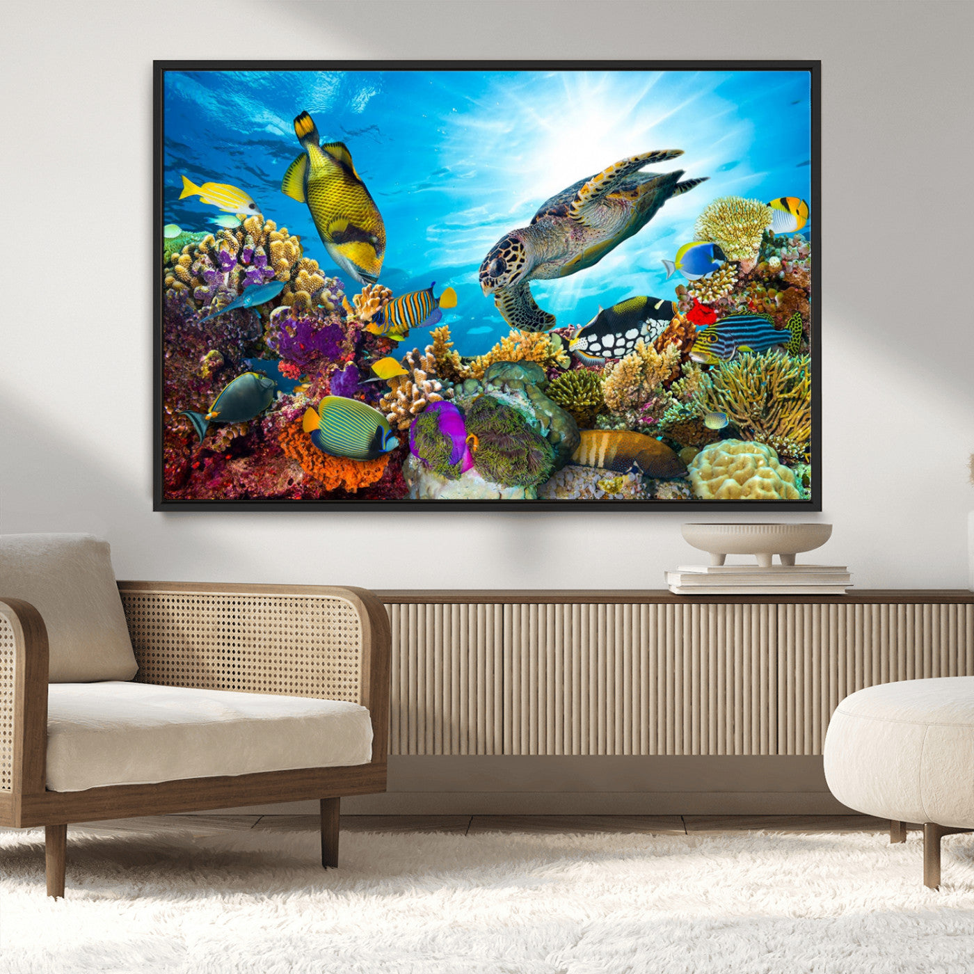 MGV-FC-36X24 - Sea Turtle Coral Reef Wall Art Print – Colorful Underwater Canvas Print – Tropical Ocean Marine Life Artwork – Perfect for Coastal Home Decor