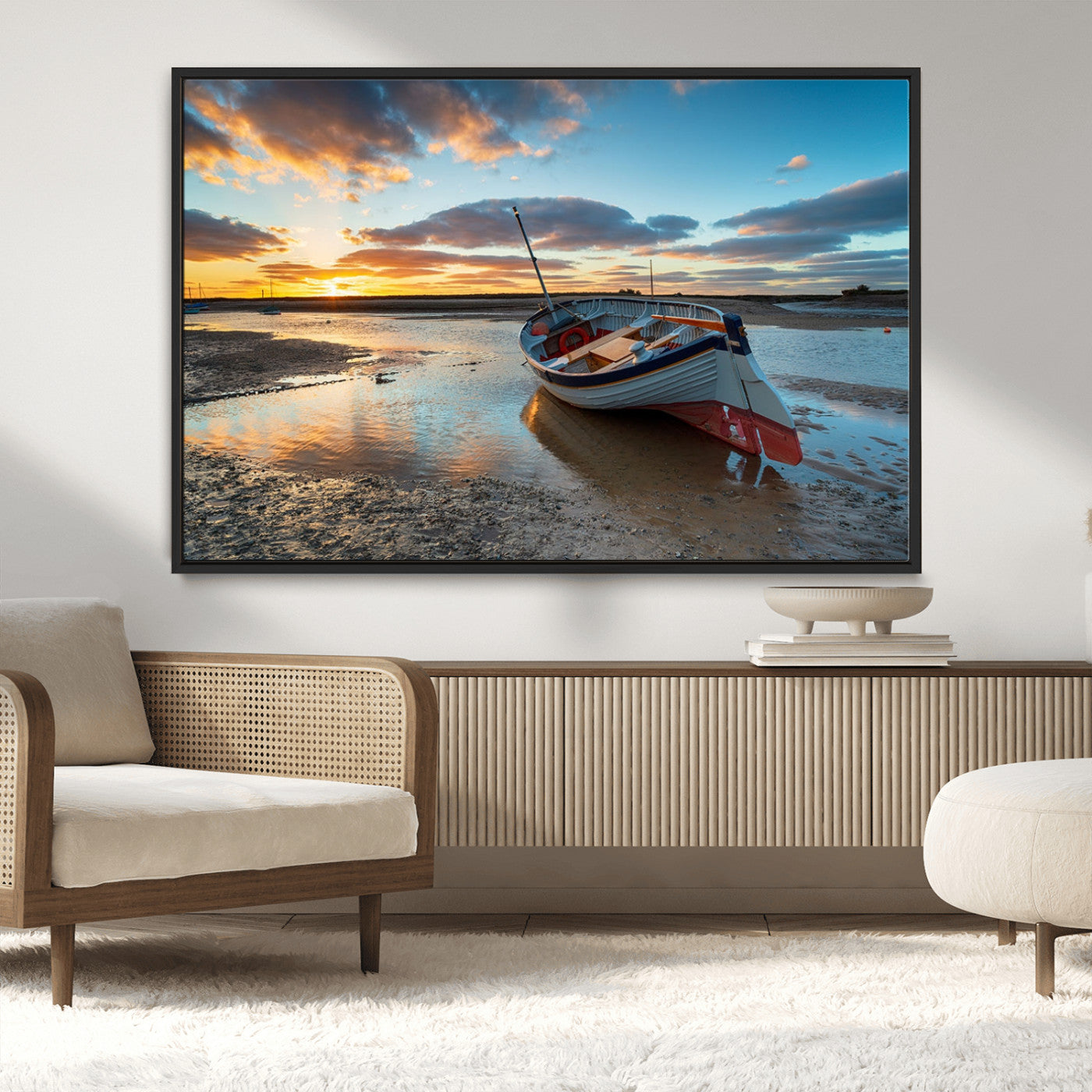 MGV-FC-36X24 - Small Boat At The Beach Sunset Wall Art, Boat Sunset Wall Art Canvas Print
