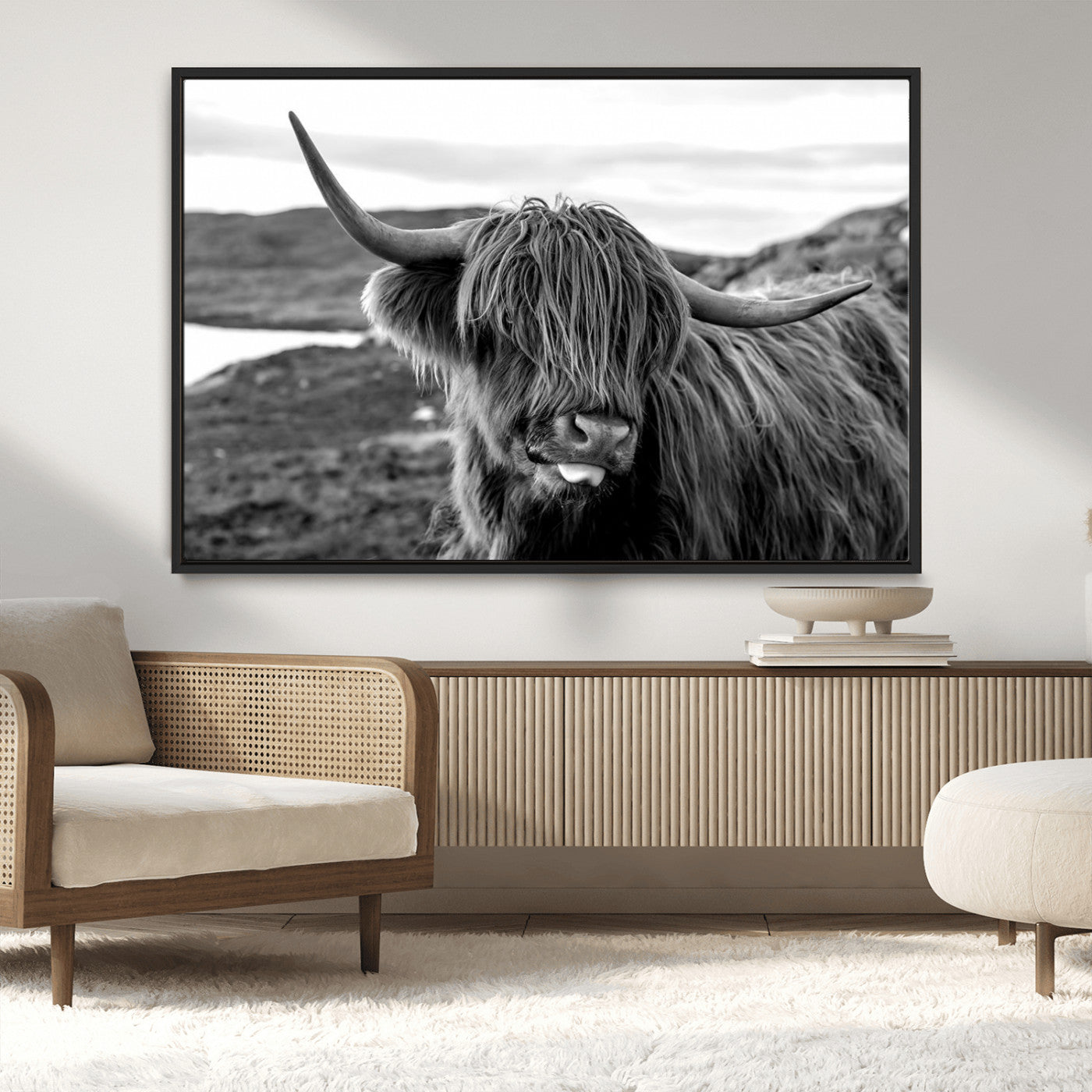 MGV-FC-36X24 - Highland Cow Canvas Wall Art – Black and White Animal Portrait – Framed and Ready to Hang Rustic Farmhouse Decor for Living Room or Office