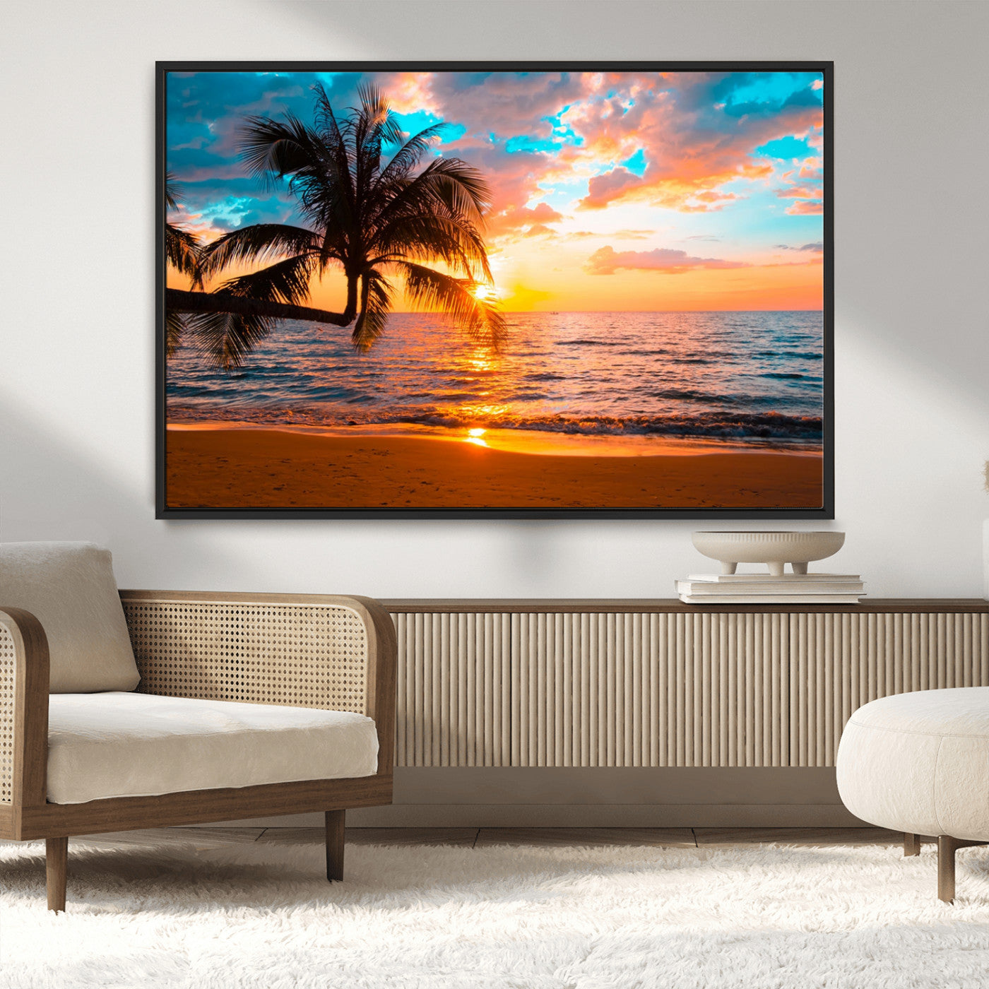 -Palm Tree Sunset On The Beach Wall Art Canvas, Framed Palm Tree Sunset Canvas Print