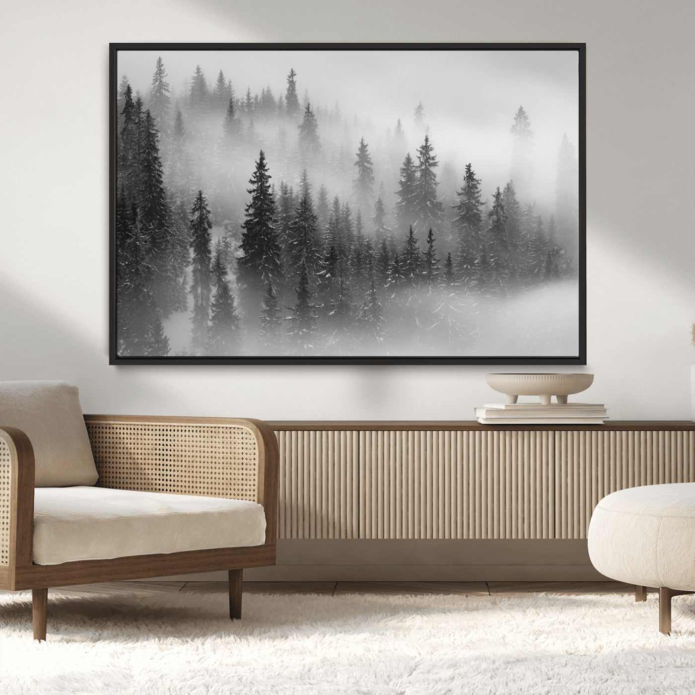 MGV-FC-36X24 - Black and White Forest Wall Art Print – Misty Pine Tree Canvas Print – Winter Woodland Nature Artwork – Perfect for Minimalist Home Decor