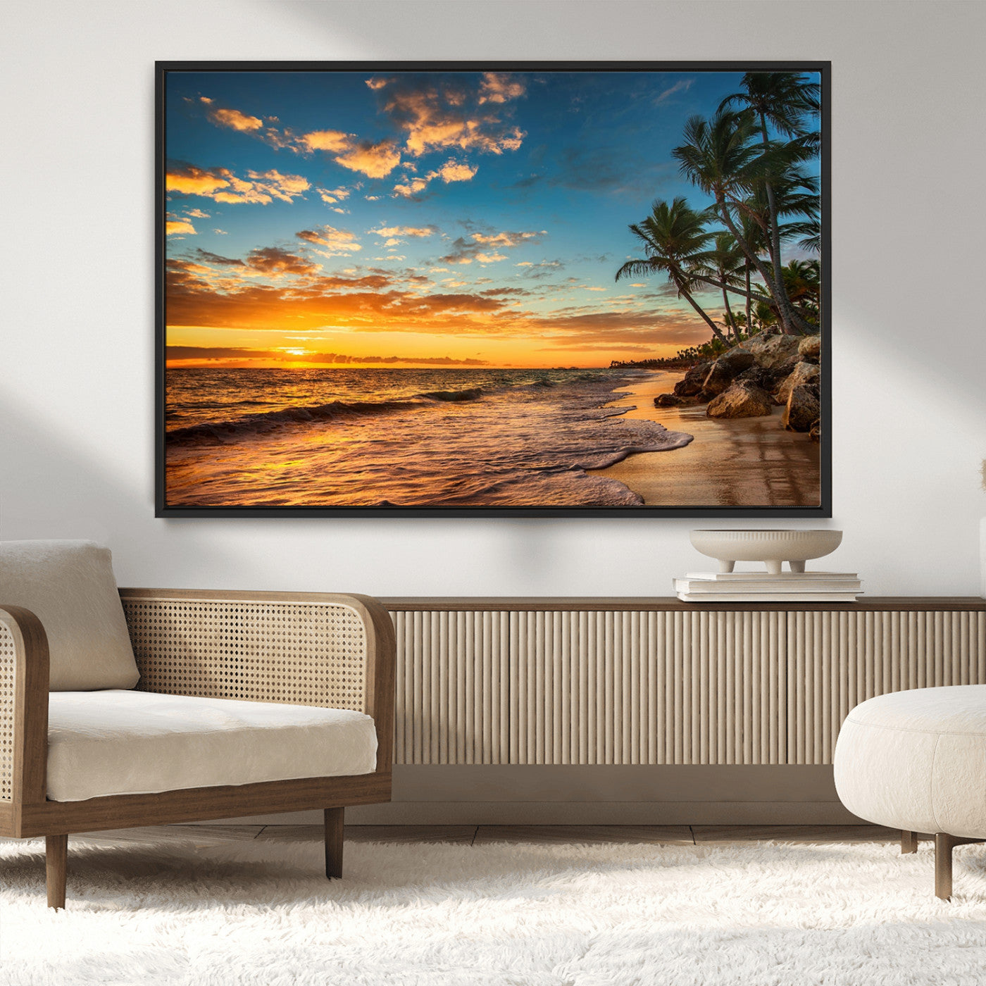 MGV-FC-36X24 - Tropical Beach Sunset Wall Art Print – Palm Tree Coastal Canvas Print – Ocean Seascape Artwork – Perfect for Tropical Modern Home Decor