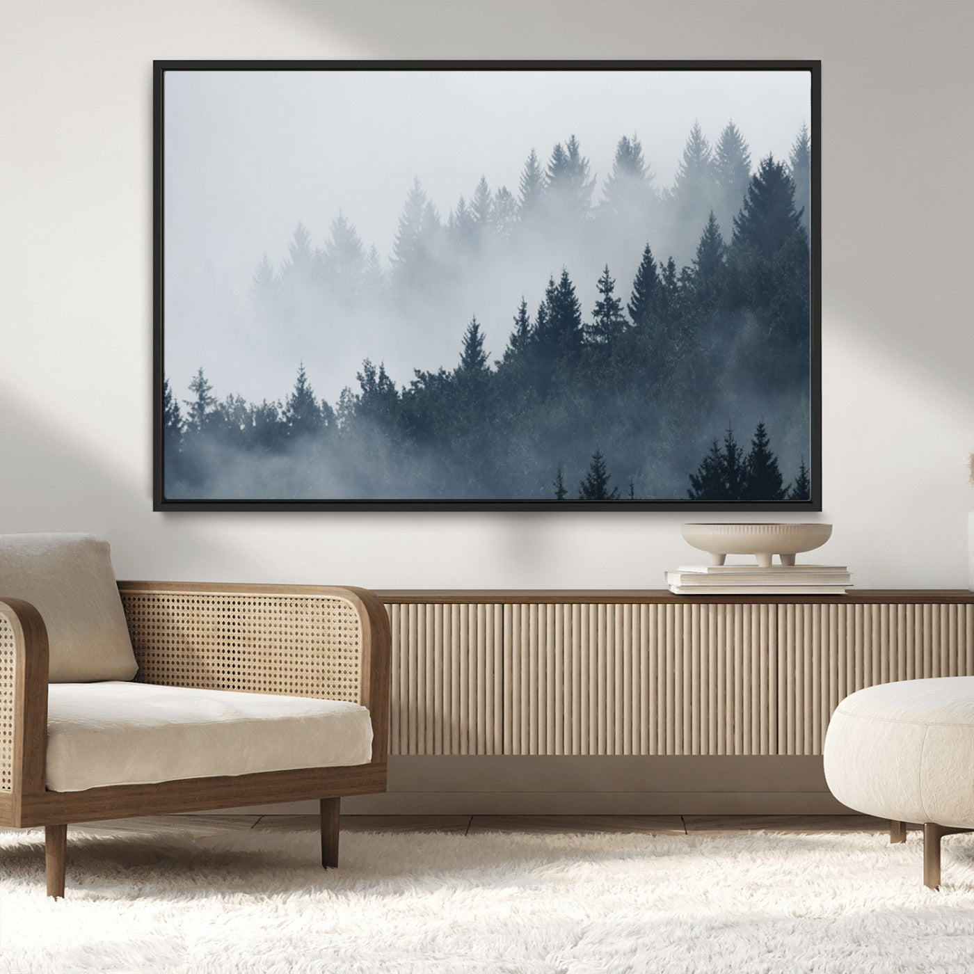 MGV-FC-36X24 - Misty Forest Wall Art Print – Foggy Pine Tree Canvas Print – Dark Woodland Nature Artwork – Perfect for Minimalist and Modern Home Decor