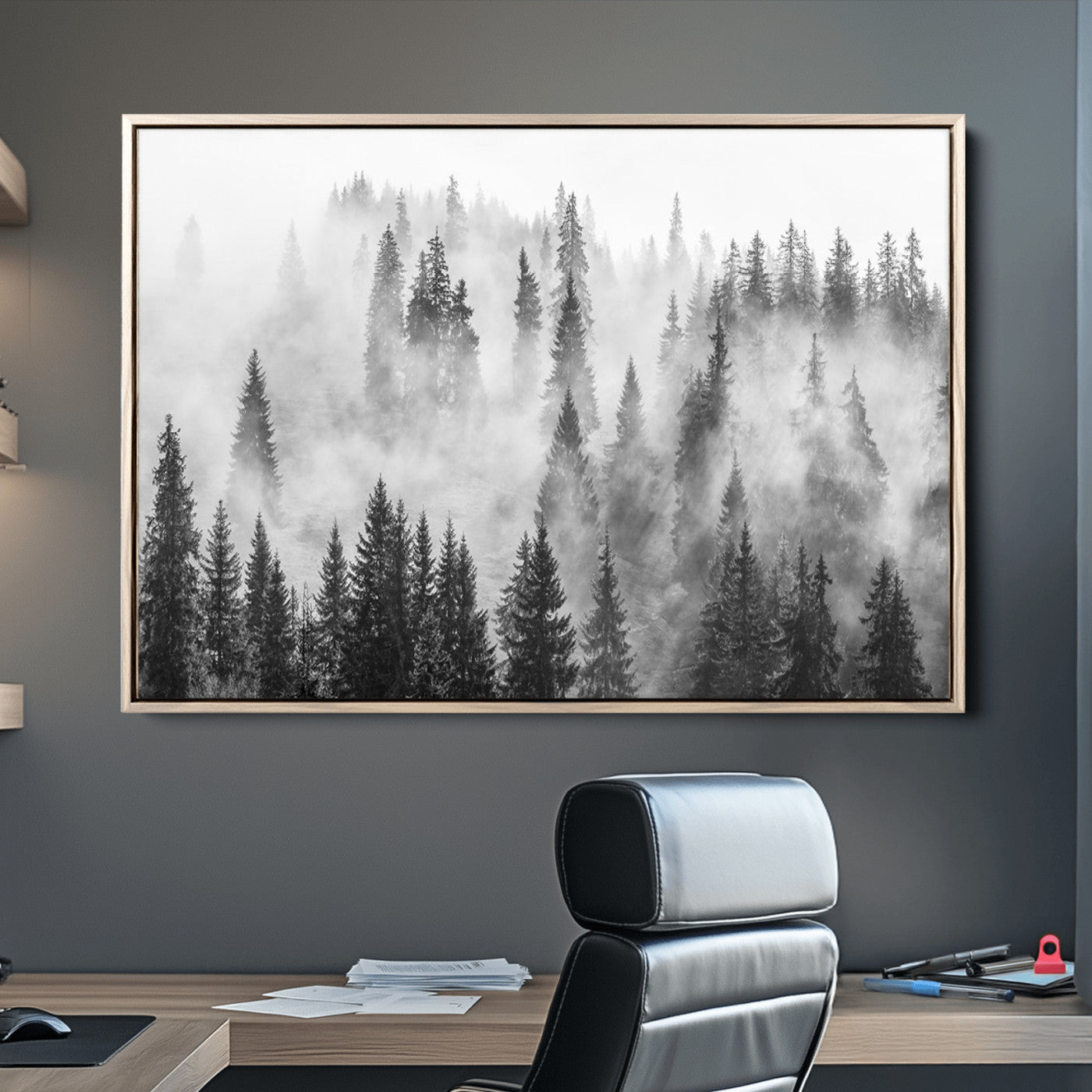 10422-MGV-CV-36X24-Forest Wall Art Print | Foggy Pine Forest Canvas Wall Art - Black and White Nature Decor for Living Room