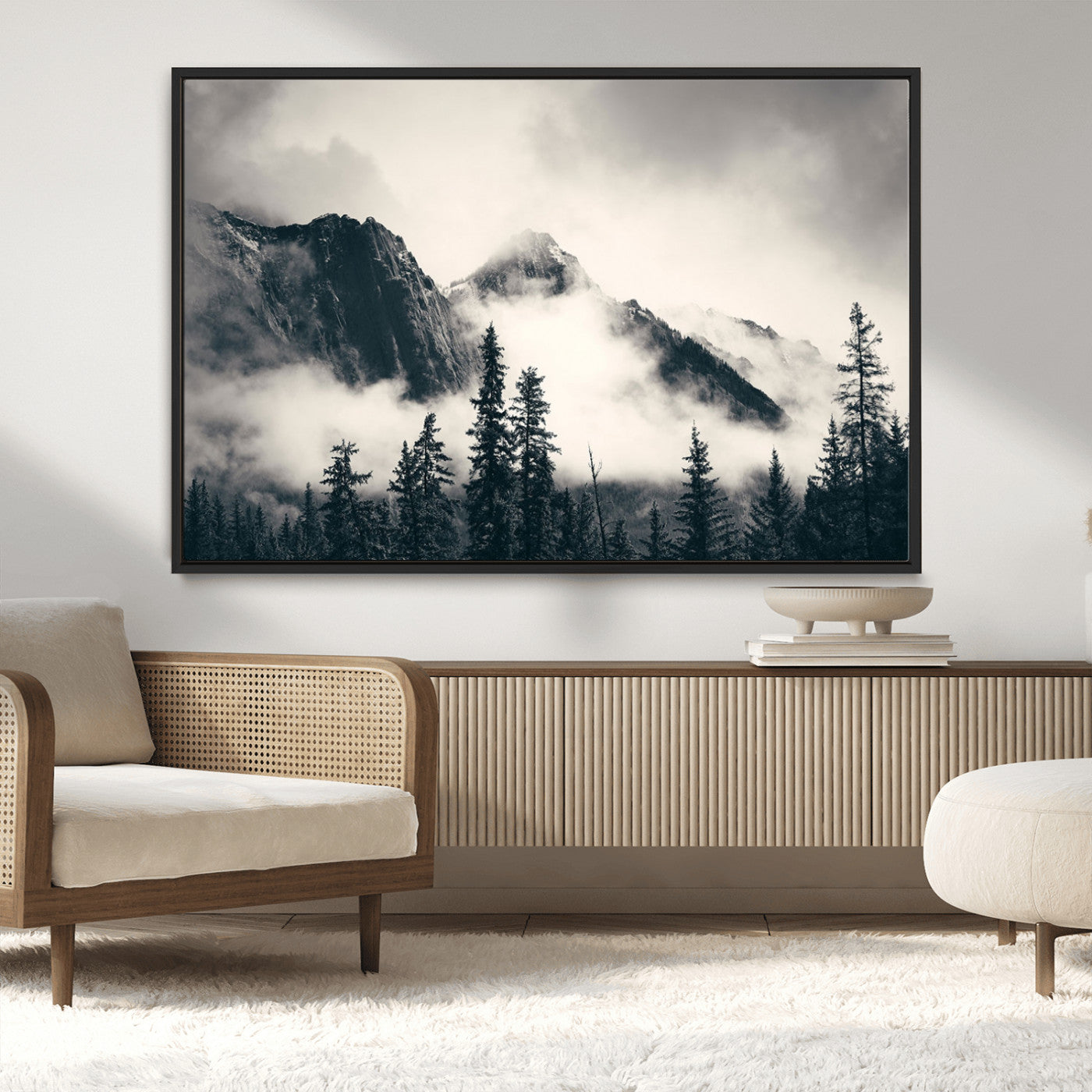 MGV-FC-36X24 - Large Foggy Mountain Forest Wall Art Canvas Print | Misty Mountain Peaks and Pine Trees Print | Framed Gallery Wrap | Rustic Nature Farmhouse Decor