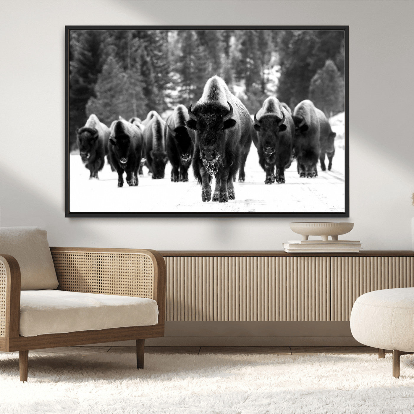 62434-MGV-CV-36X24-Bison Herd in Snow Wall Art Canvas Print | Rustic Western Bison Wall Art for Decor for Living Room,