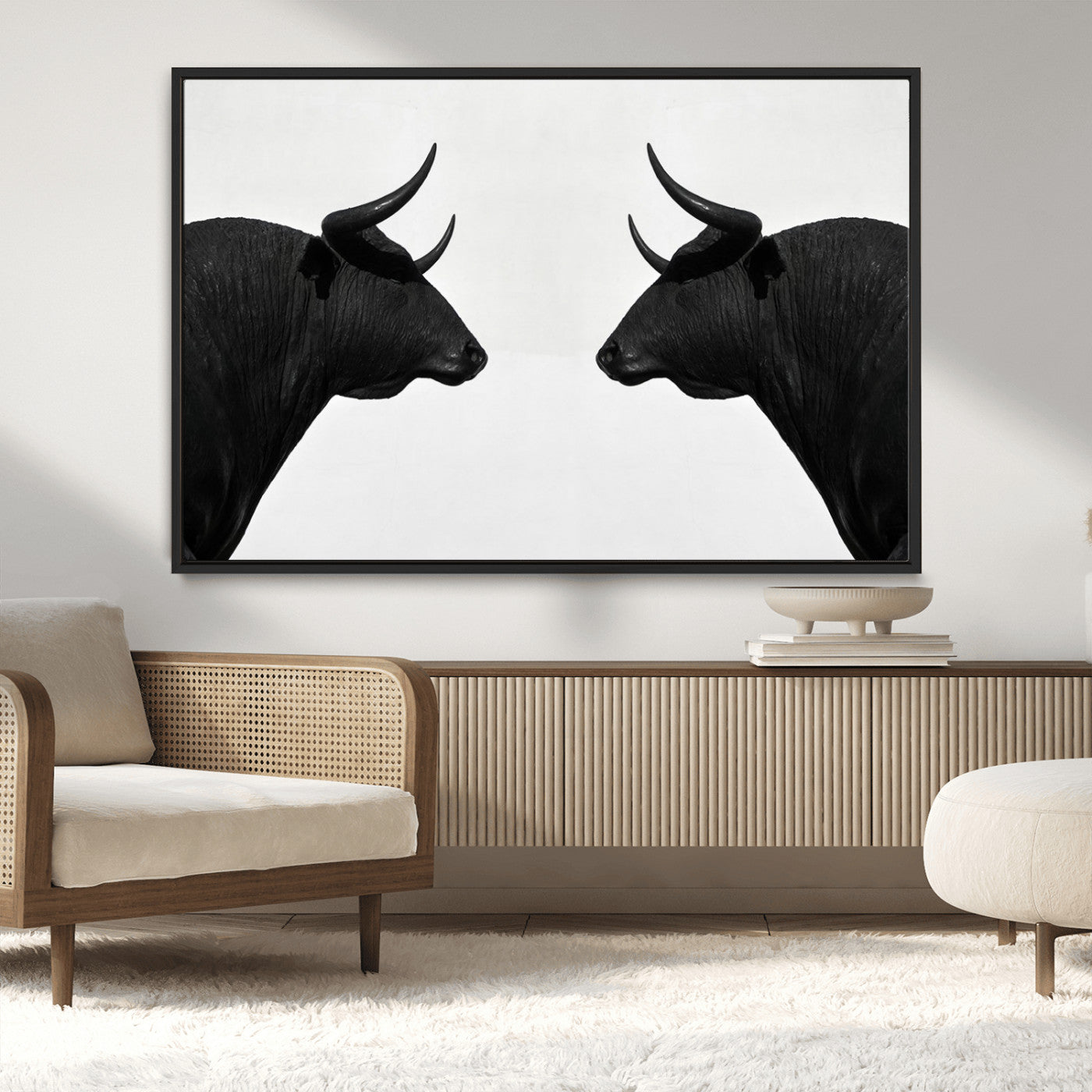 -Spanish Bull Art - Framed Black and White Bull Canvas Print for Modern Rustic Home or Office Decor