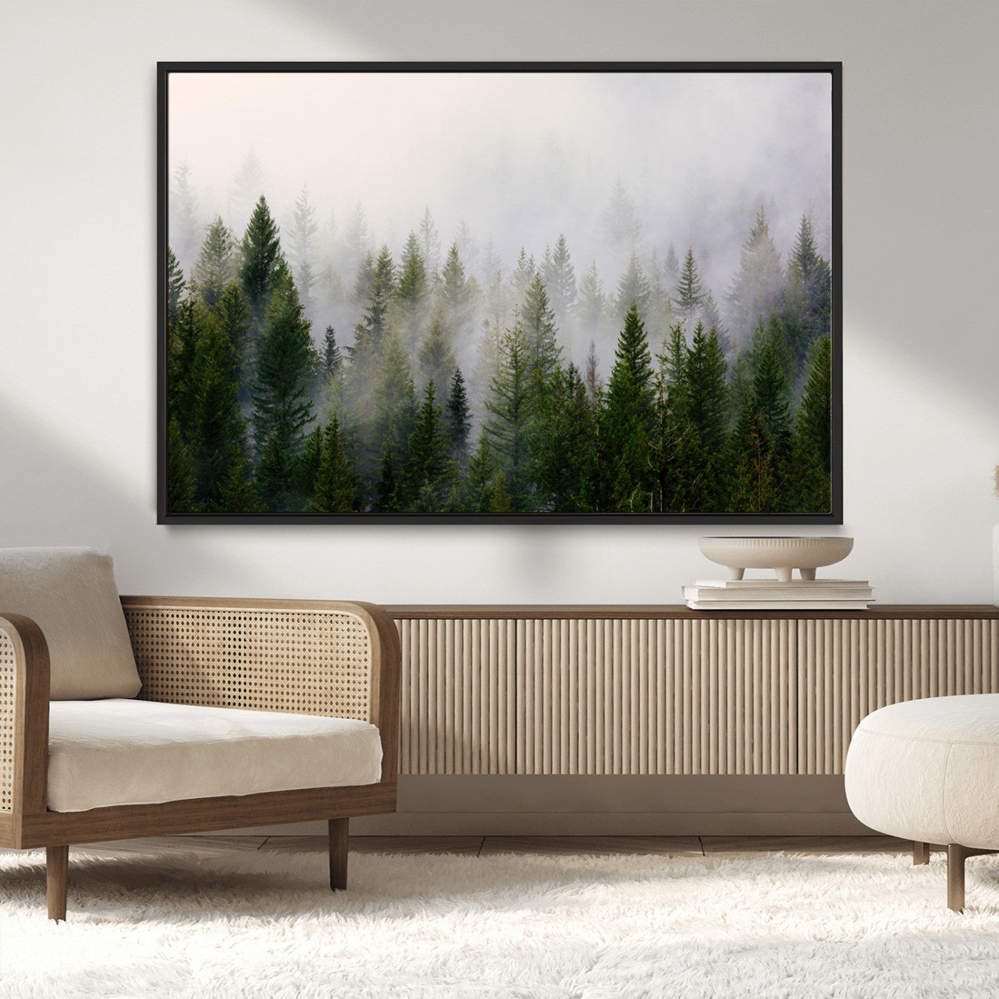 MGV-FC-36X24 - Misty Pine Forest Wall Art Canvas Print | 3 Panel Green Woodland Canvas Print for Living Room, Office, or Dining Room | Nature Foggy Forest Decor