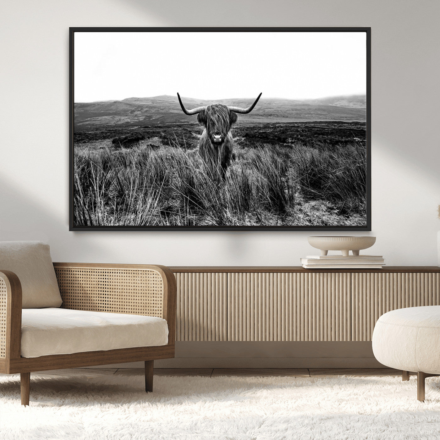 MGV-FC-36X24 - Black and White Highland Cow Canvas Wall Art, Longhorn Triptych Western Wall Decor for Cabin -