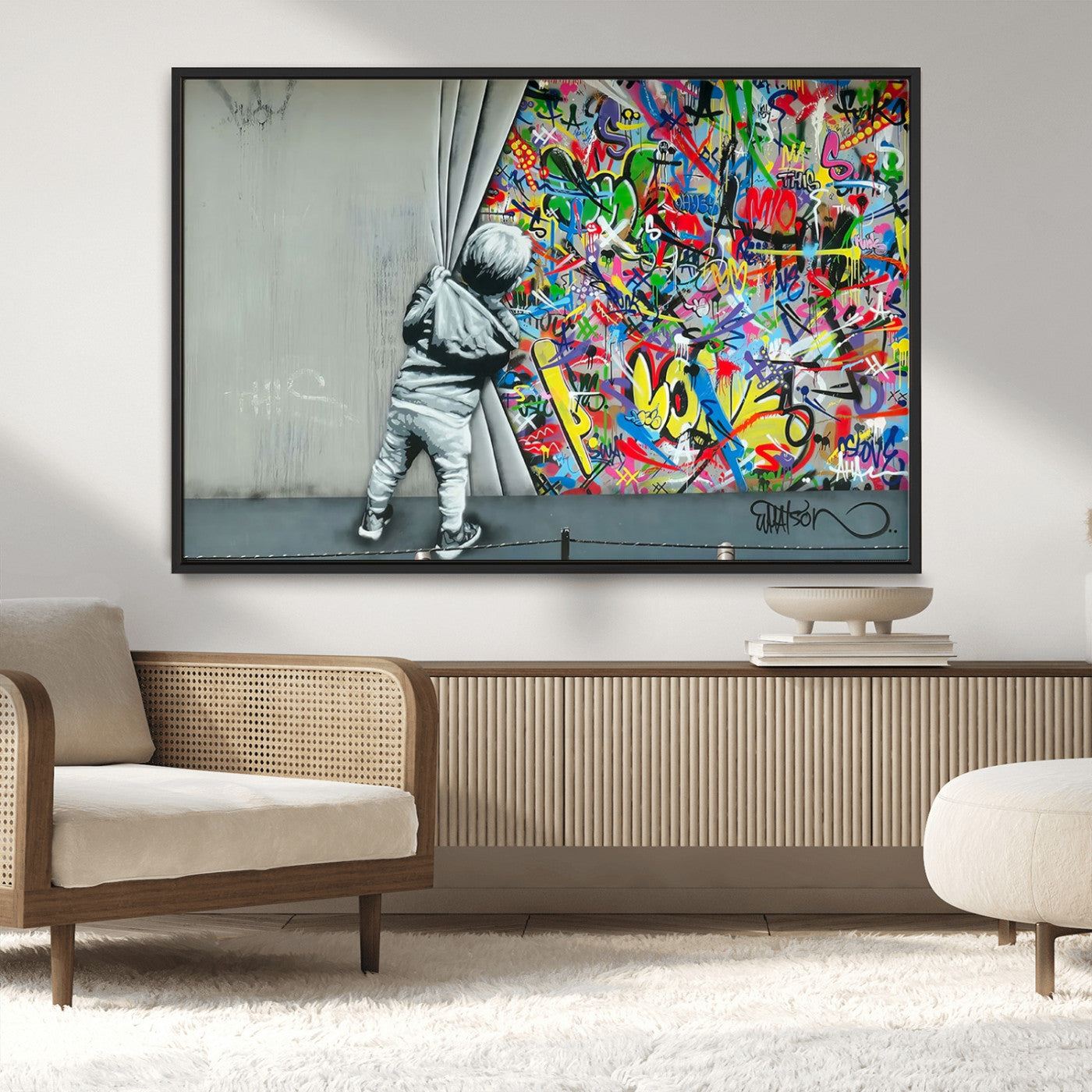 MGV-FC-36X24 - Banksy Colorful Street Graffiti Canvas Wall Art Print, Modern Art Triptych, Child and Graffiti Wall, Urban Art for Home or Office Decor