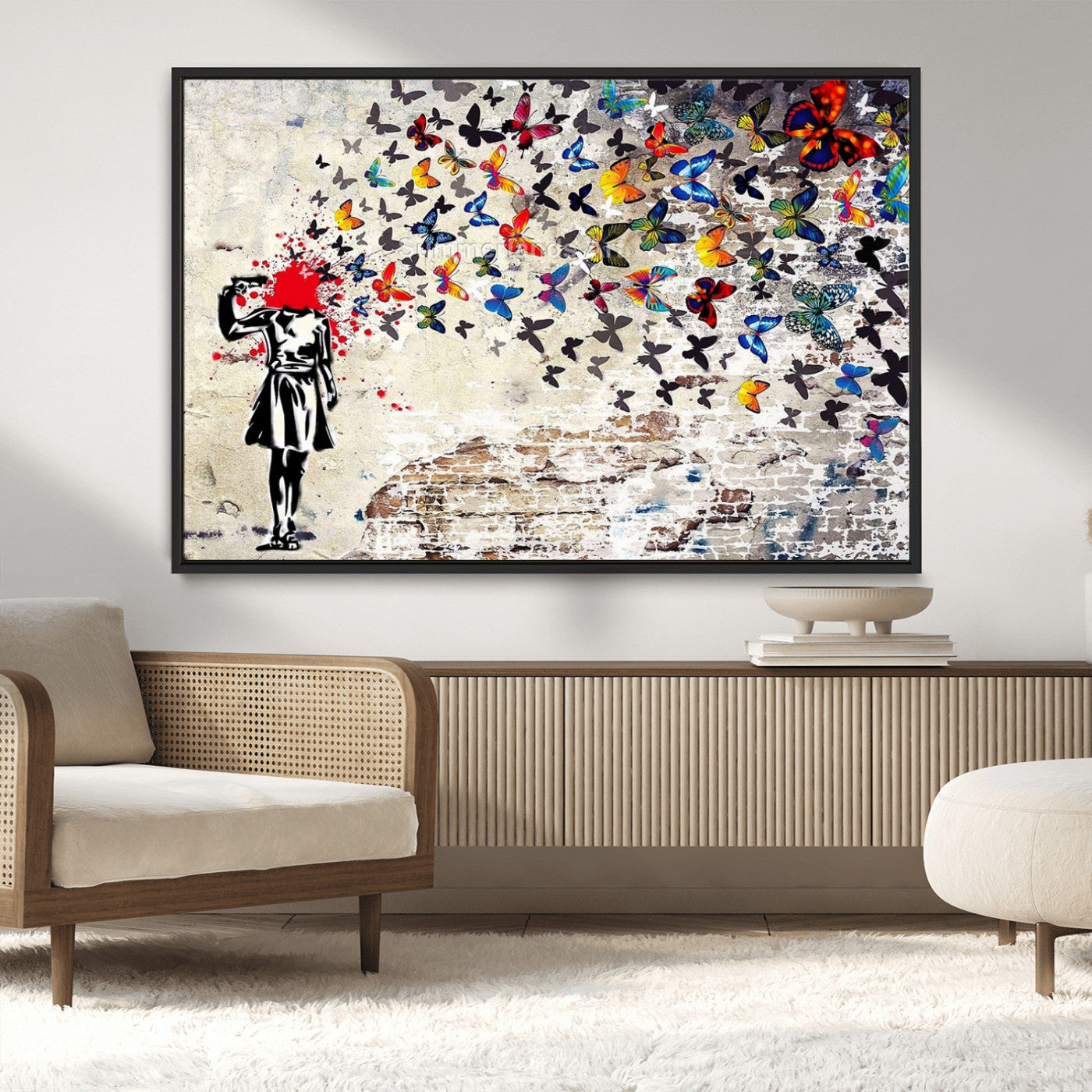 MGV-FC-36X24 - Banksy Art Butterfly Girl Explosion Canvas Art – Vibrant Urban Graffiti for Modern Interiors - Ready to Hang