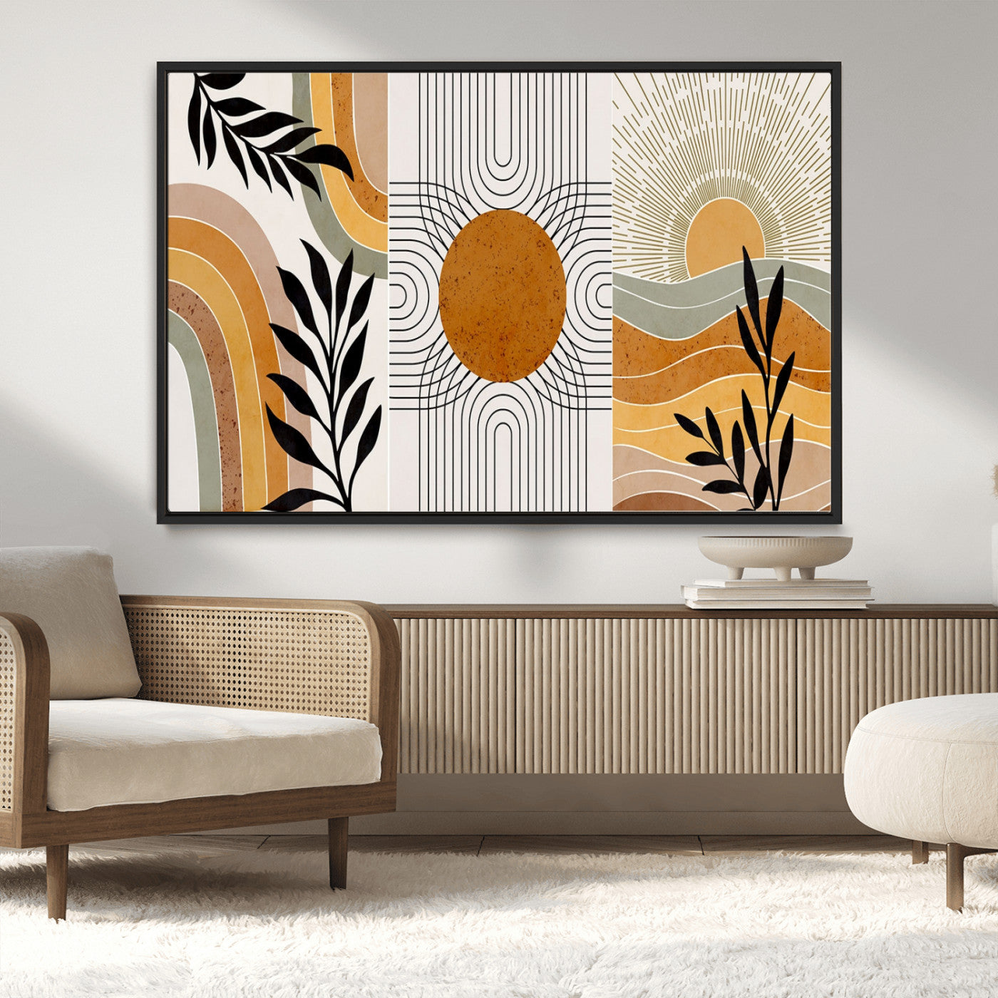 MGV-FC-36X24 - Modern Boho Sun and Leaf Abstract Art – 3-Panel Giclée Canvas for Mid-Century Modern or Bohemian