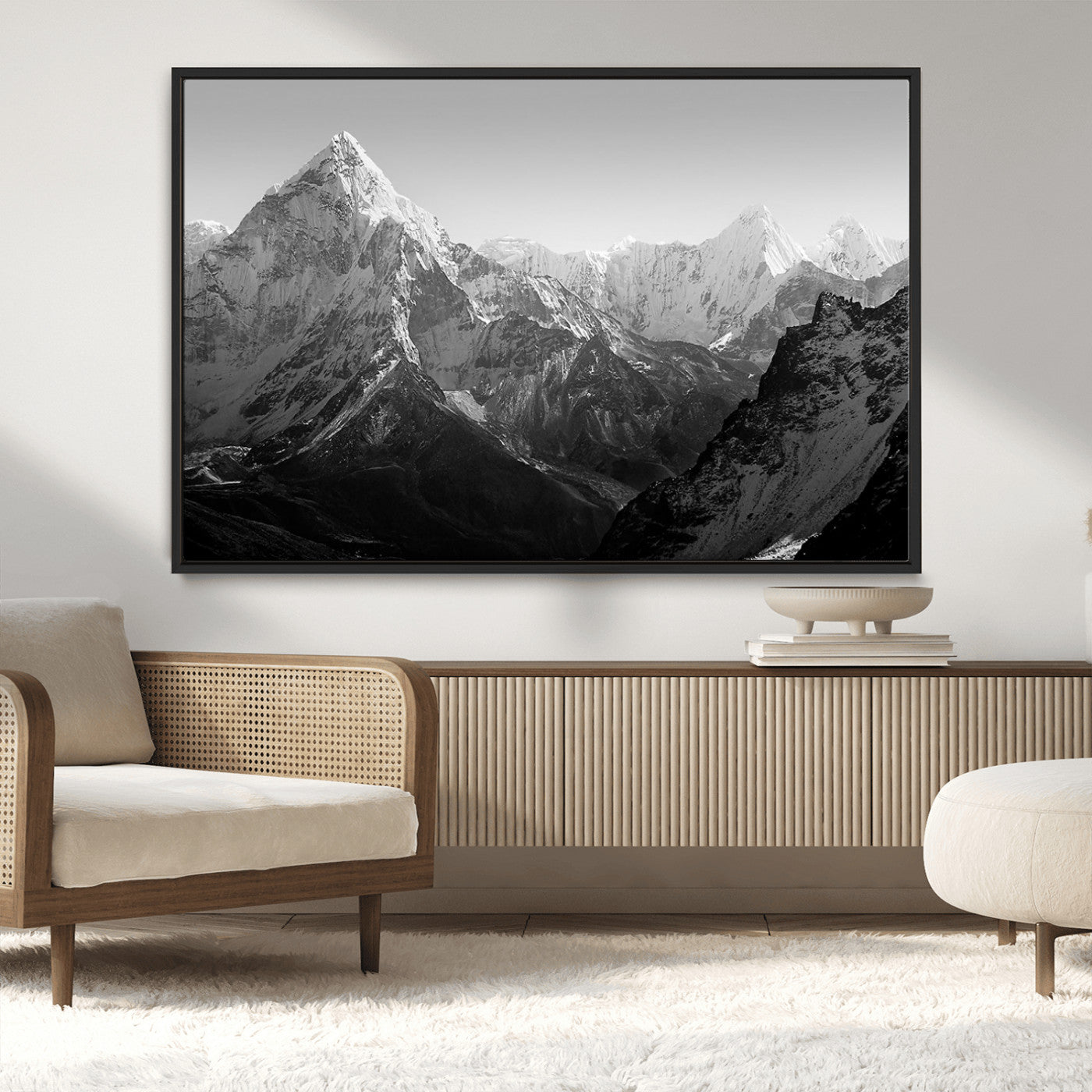 MGV-FC-36X24 - Everest Himalaya Mountain Peaks Black & White Triptych Canvas Art – Mountain Wall Decor for Minimalist Interiors