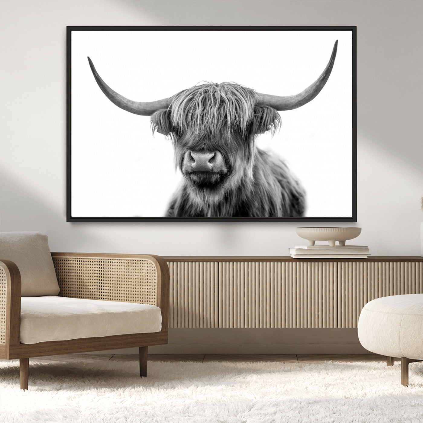 MGV-FC-36X24 - Grayscale Scottish Highland Cow Cattle Art Print Farmhouse Wall Art Canvas Print