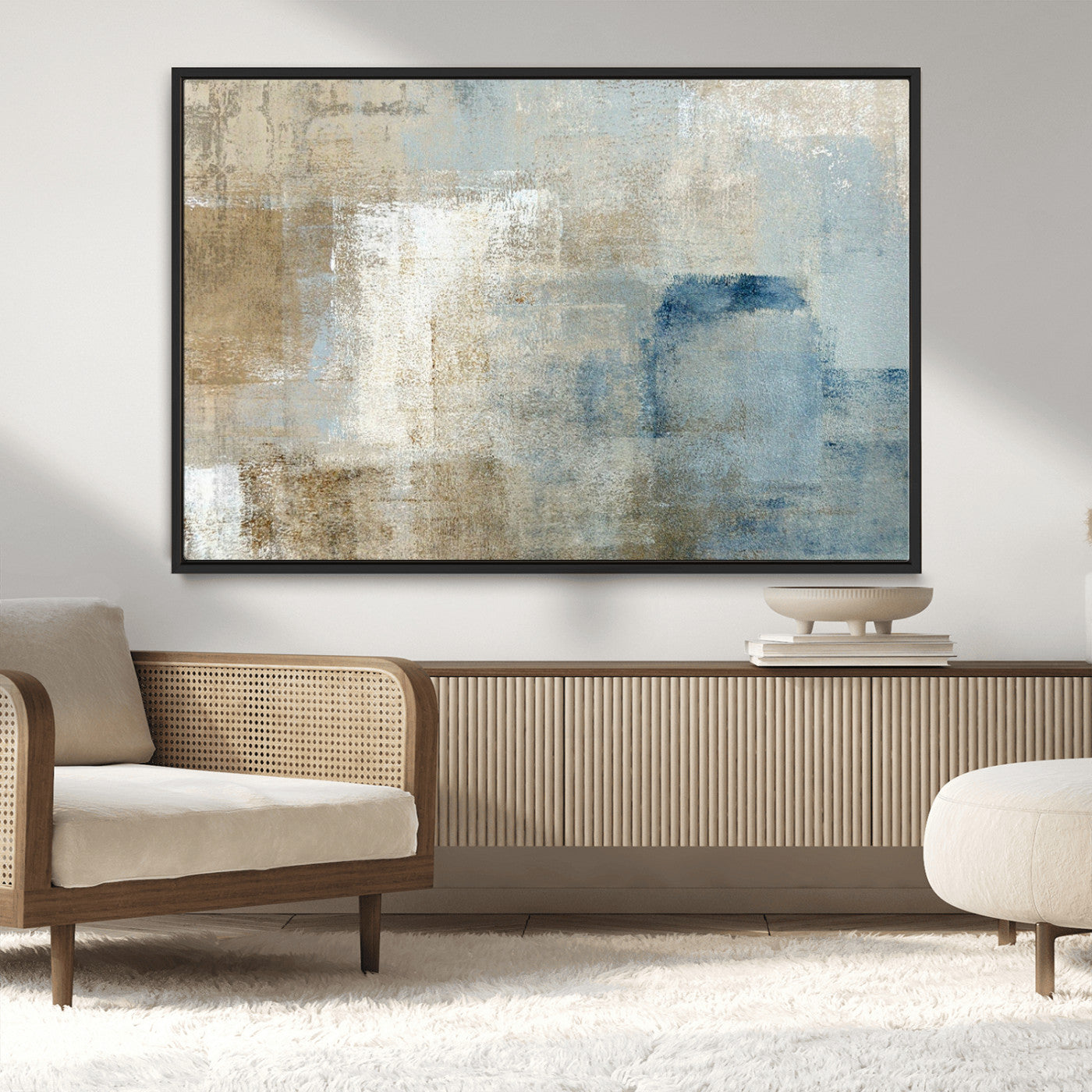 MGV-FC-36X24 - Abstract Blue and Beige Wall Art, Modern Minimalist Canvas Print Set, Giclee Textured Art, Large Multi-Panel Artwork for Living Room