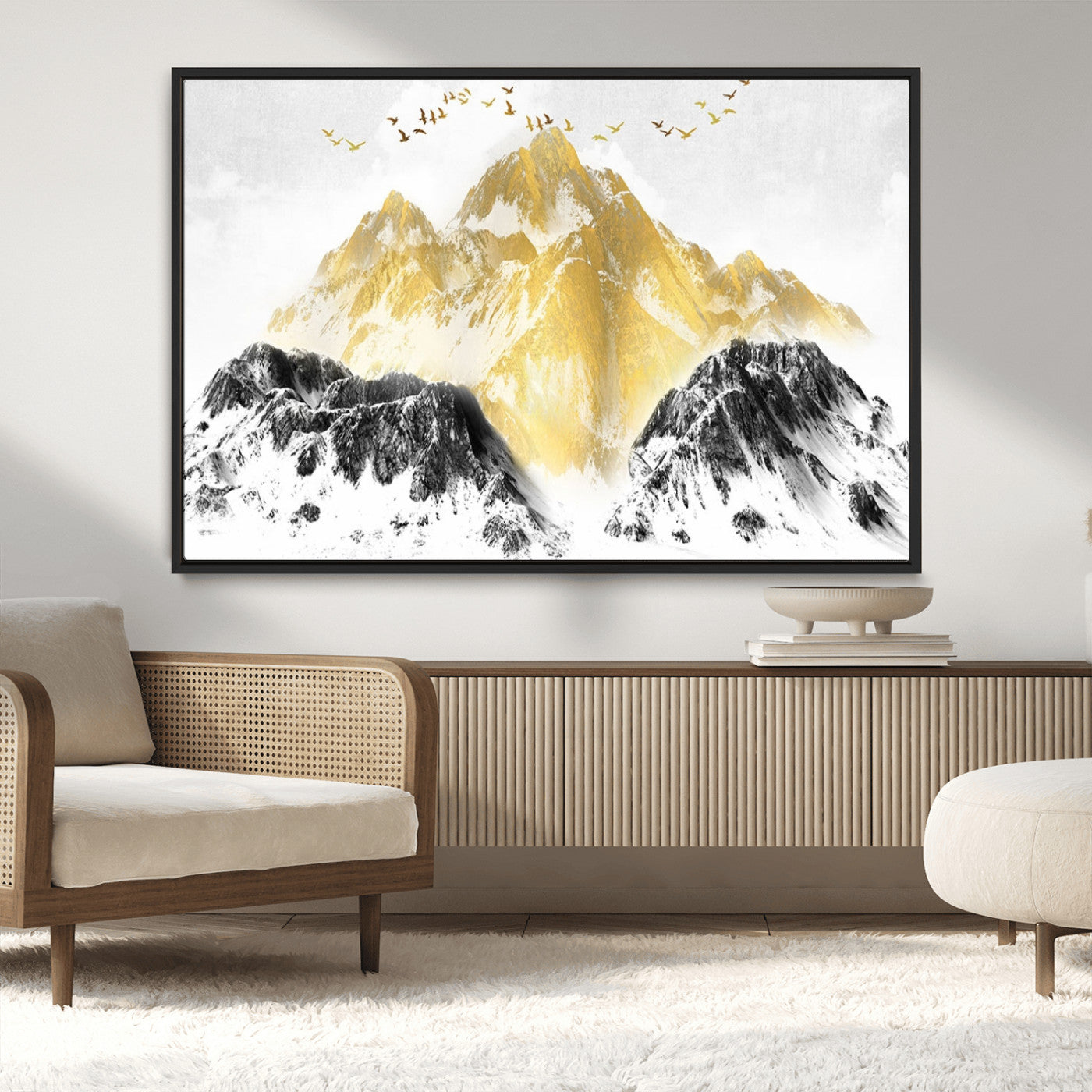 MGV-FC-36X24 - Golden Mountain Triptych Wall Art, Modern Giclee Canvas Print, Nature Landscape Decor for Living Room, Contemporary Gold and Black Wall Art
