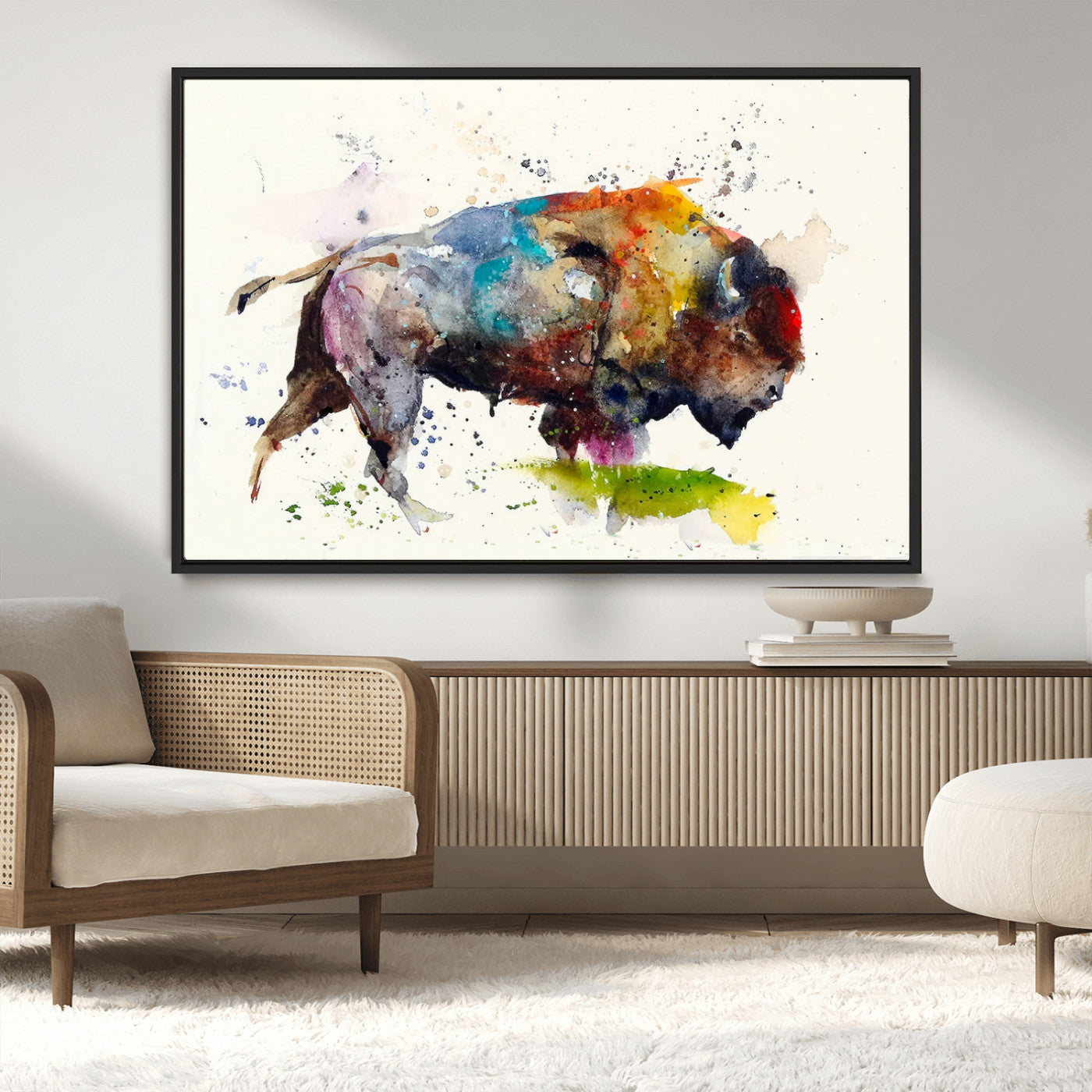 MGV-FC-36X24 - Abstract Buffalo Wall Art, Western Watercolor Bison Canvas Print, Rustic Buffalo Art for Cowboy and Western Decor, Large Multi-Panel Giclee Canvas