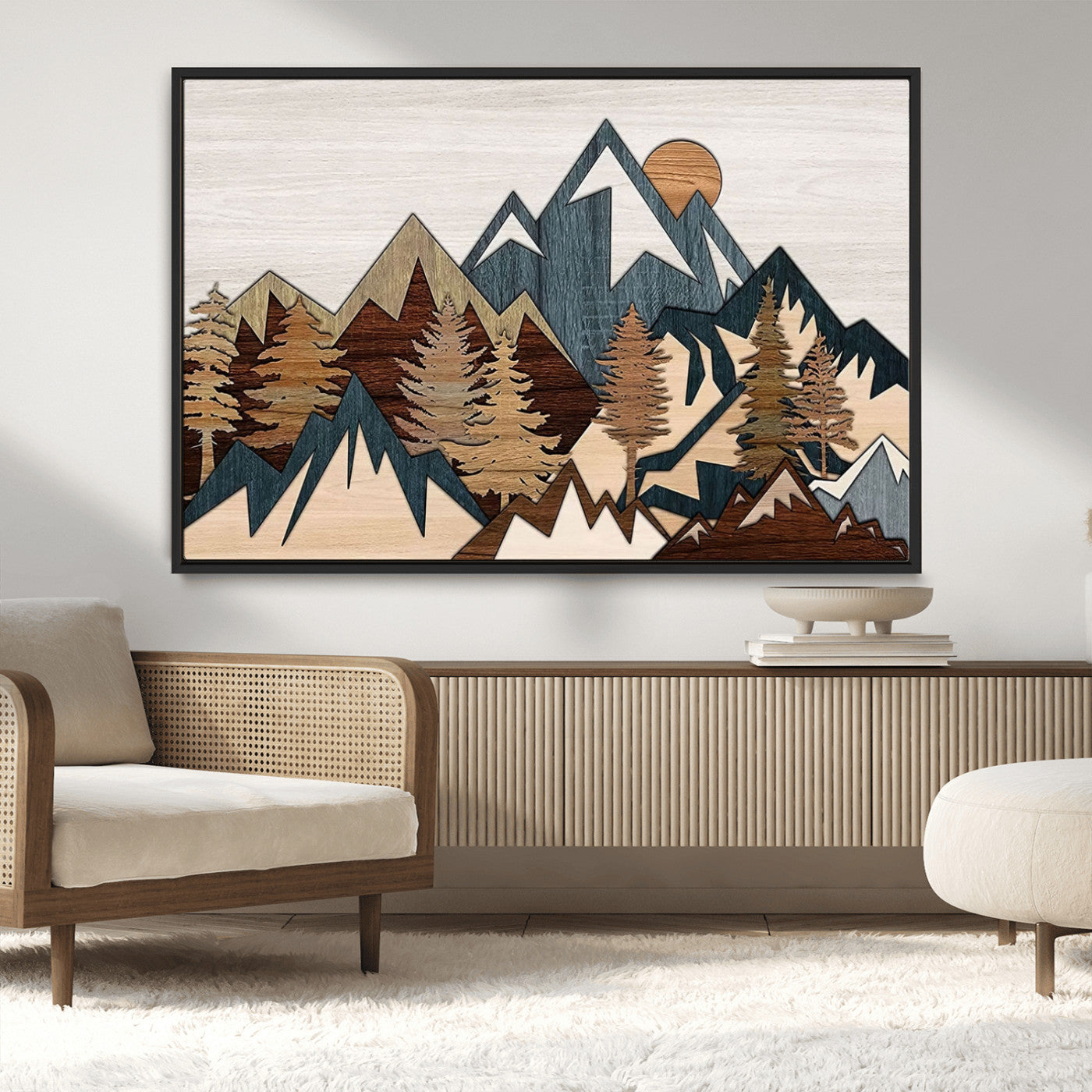 MGV-FC-36X24 - Woodland Mountain Landscape Triptych, Giclee Canvas Art for Modern Home, Rustic Wooden Nature Wall Art, Large Mountain and Tree Canvas for Living Room