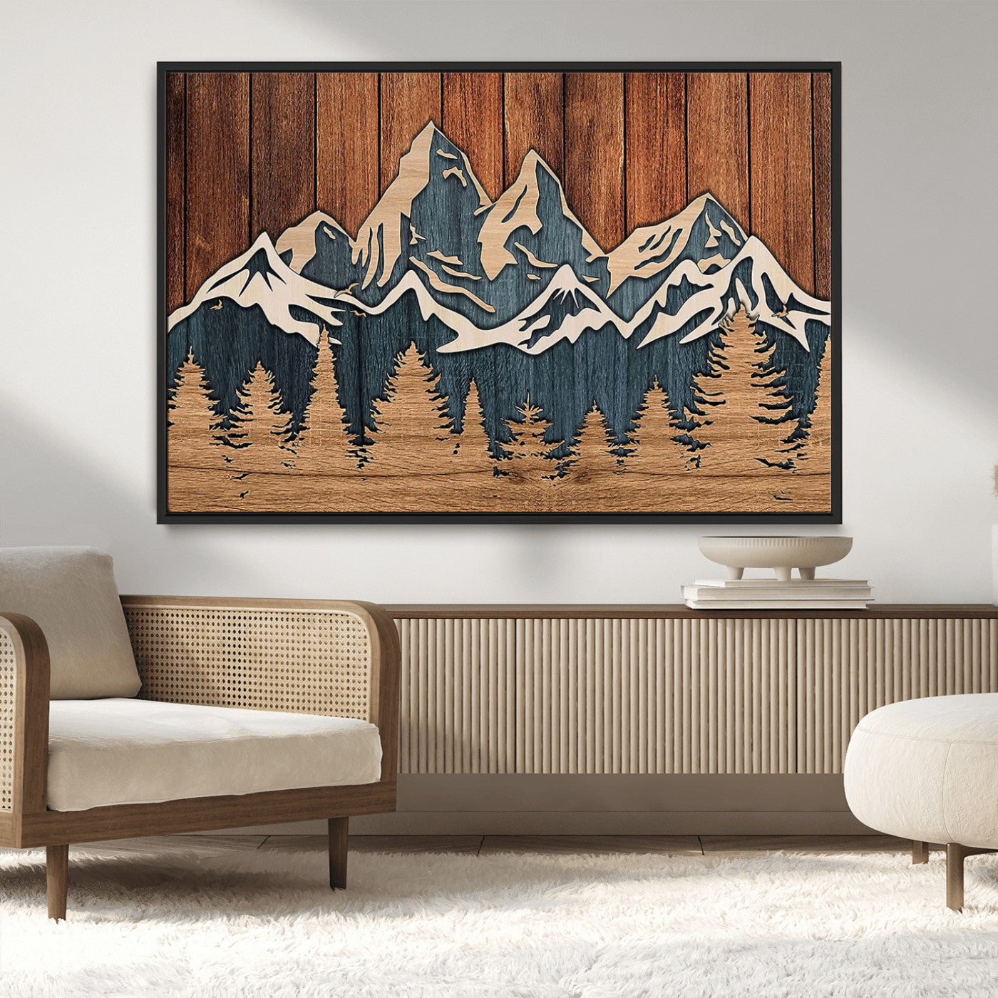 MGV-FC-36X24 - Rustic Wood Style Mountain Wall Art, Nature Forest Canvas Print, Wooden Textured Mountain Artwork, Handcrafted Landscape Decor for Farmhouse Decor