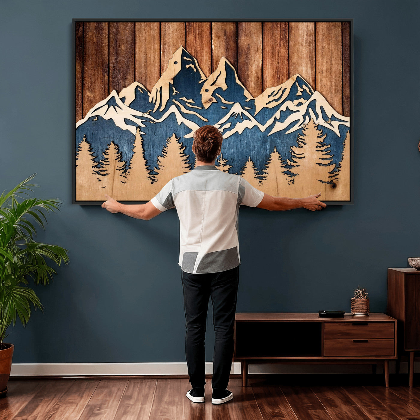 41330-MGV-CV-36X24 - Rustic Wood Style Mountain Wall Art, Nature Forest Canvas Print, Wooden Textured Mountain Artwork Print