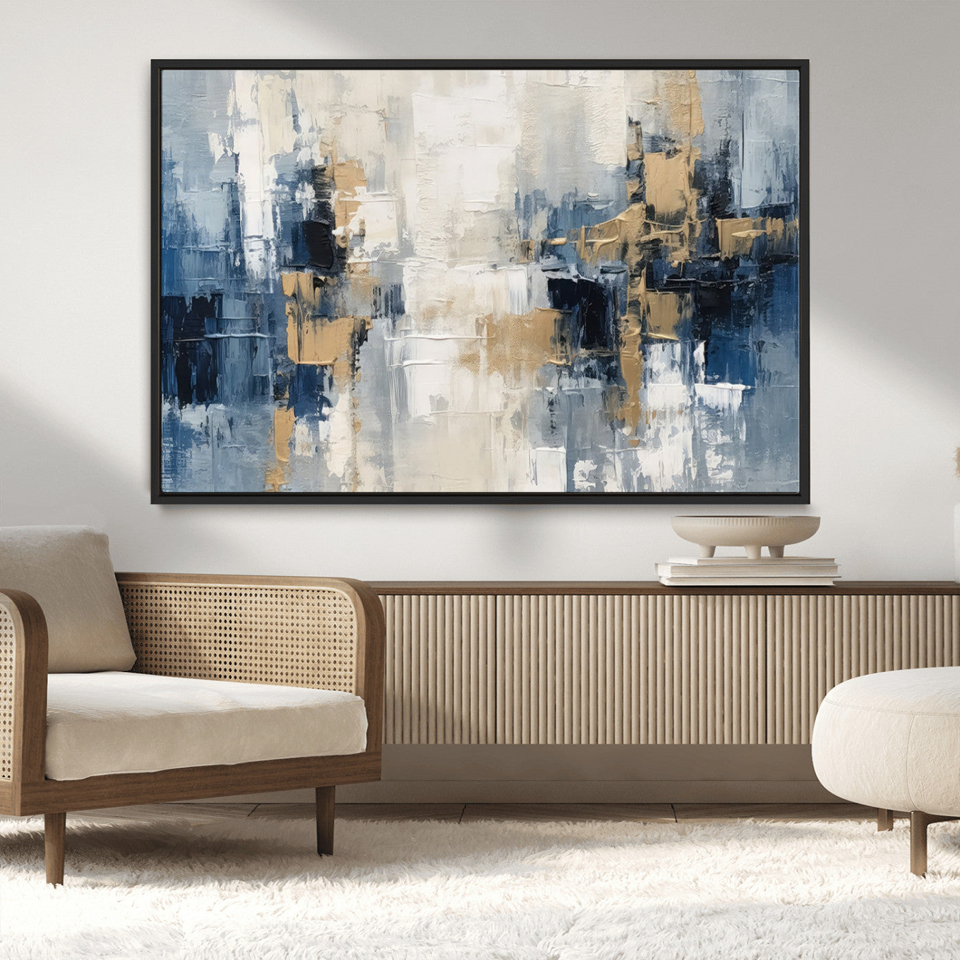 -Modern Abstract Canvas Wall Art in Blue and Gold Tones | Large Contemporary Art for Living Room,