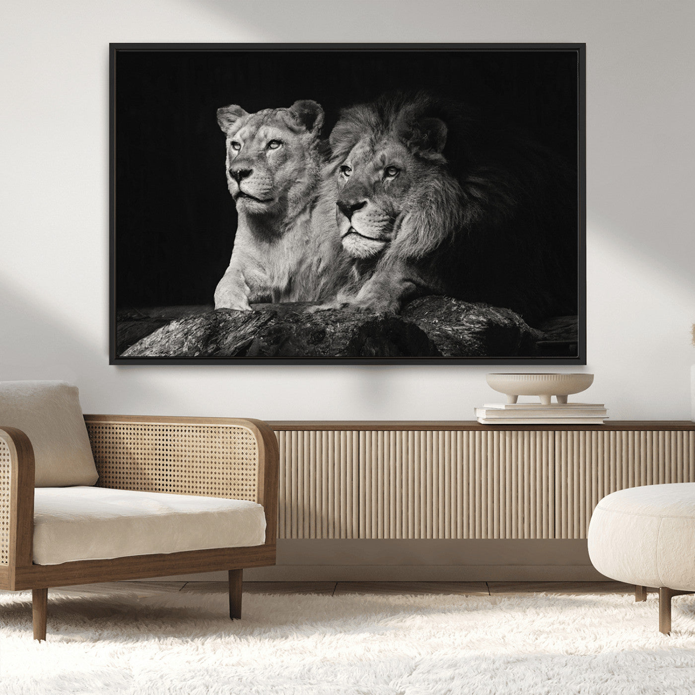 MGV-FC-36X24 - Lion Couple Canvas Wall Art Print – Elegant Wildlife Portrait in Black and White Lion Family – Ready to Hang