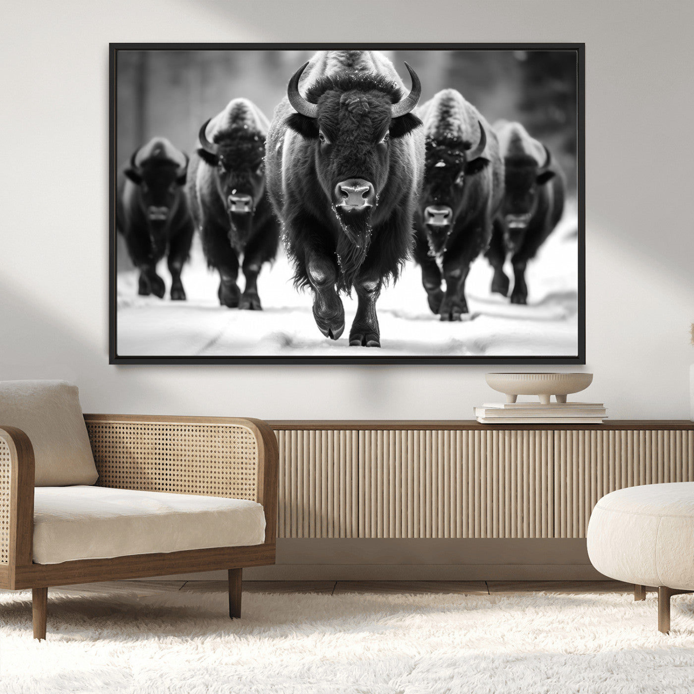 MGV-FC-36X24 - American Bison Art | Buffalo Herd Wall Art Canvas Print, BW American Bison Herd Wall Art Canvas Print