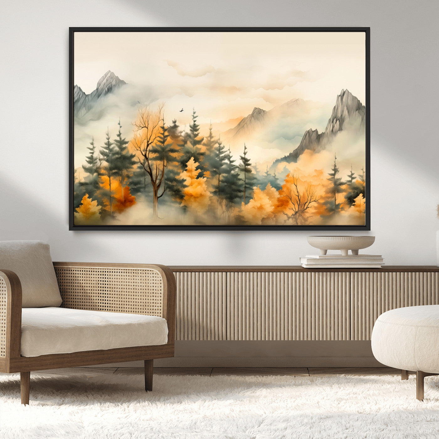 MGV-FC-36X24 - Abstract Watercolor Mountains and Trees Autumn Art, Watercolor Mountains and Trees Canvas Print