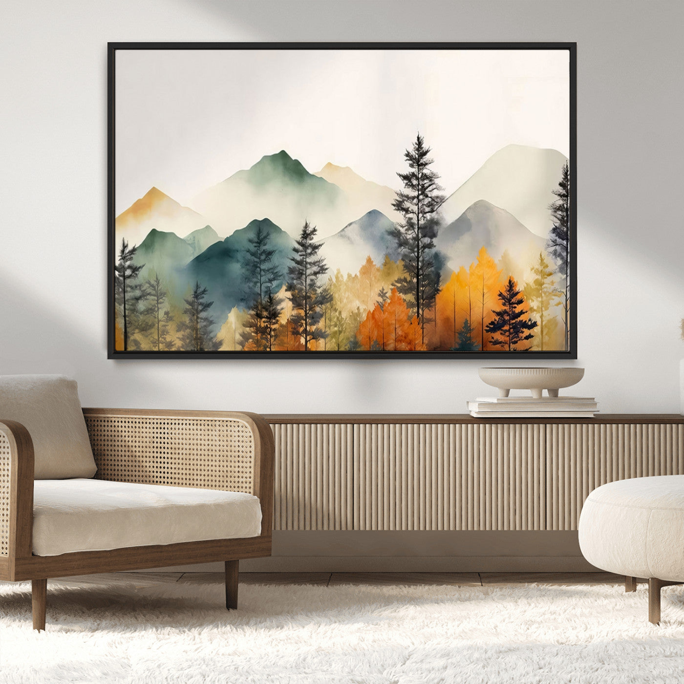MGV-FC-36X24 - Abstract Watercolor Mountains and Trees Autumn Wall Art, Mountains and Trees Autumn Wall Art Canvas
