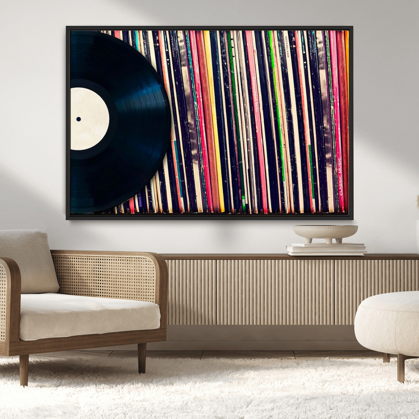 アート・デザイン・音楽 Vinyl Records and Covers by Artists Vinyl Record and Album Collection Canvas Wall Art - Retro Music