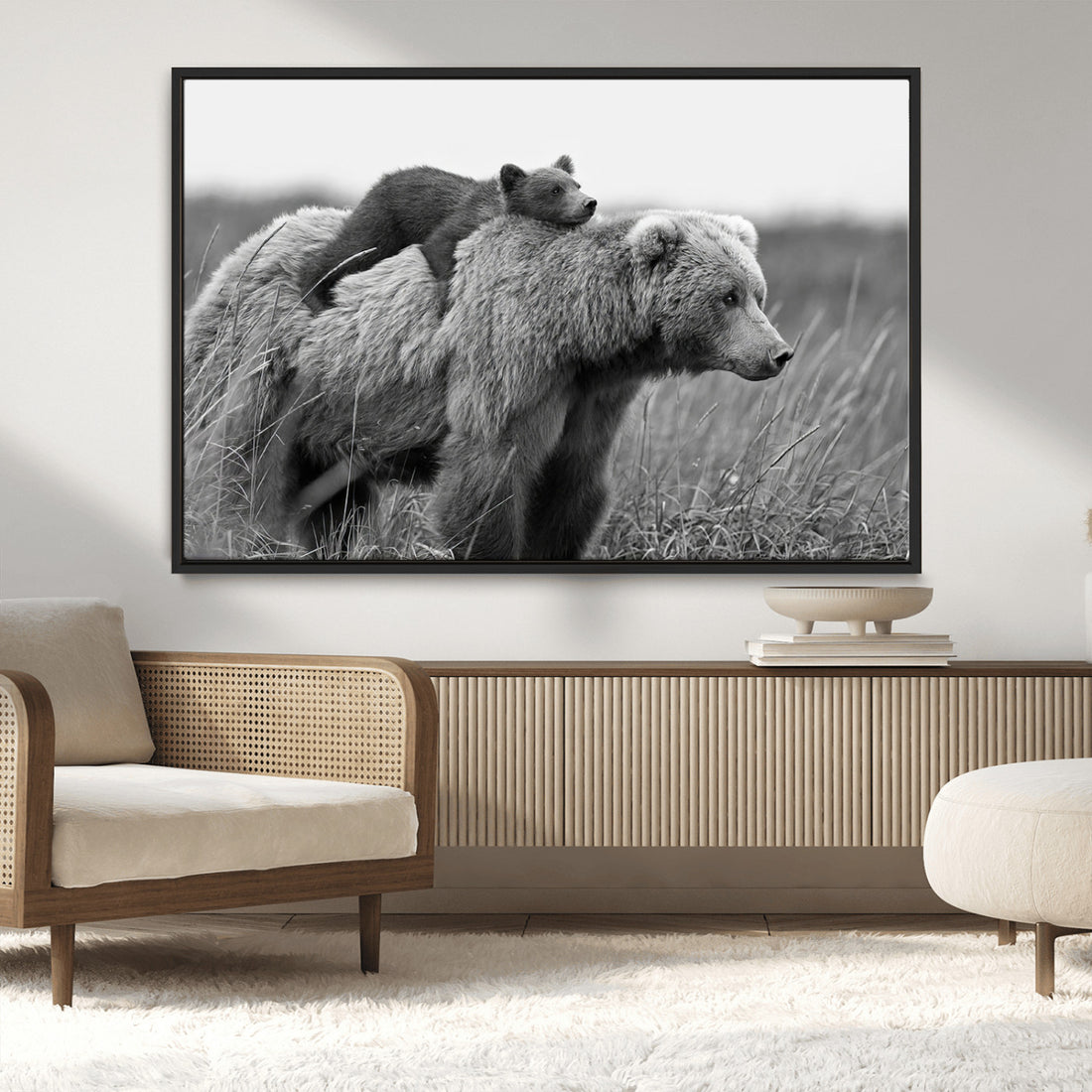 Bear and Cub Wall Art Canvas | Grizzly 399 Bear and Cub Black and White Wildlife Print