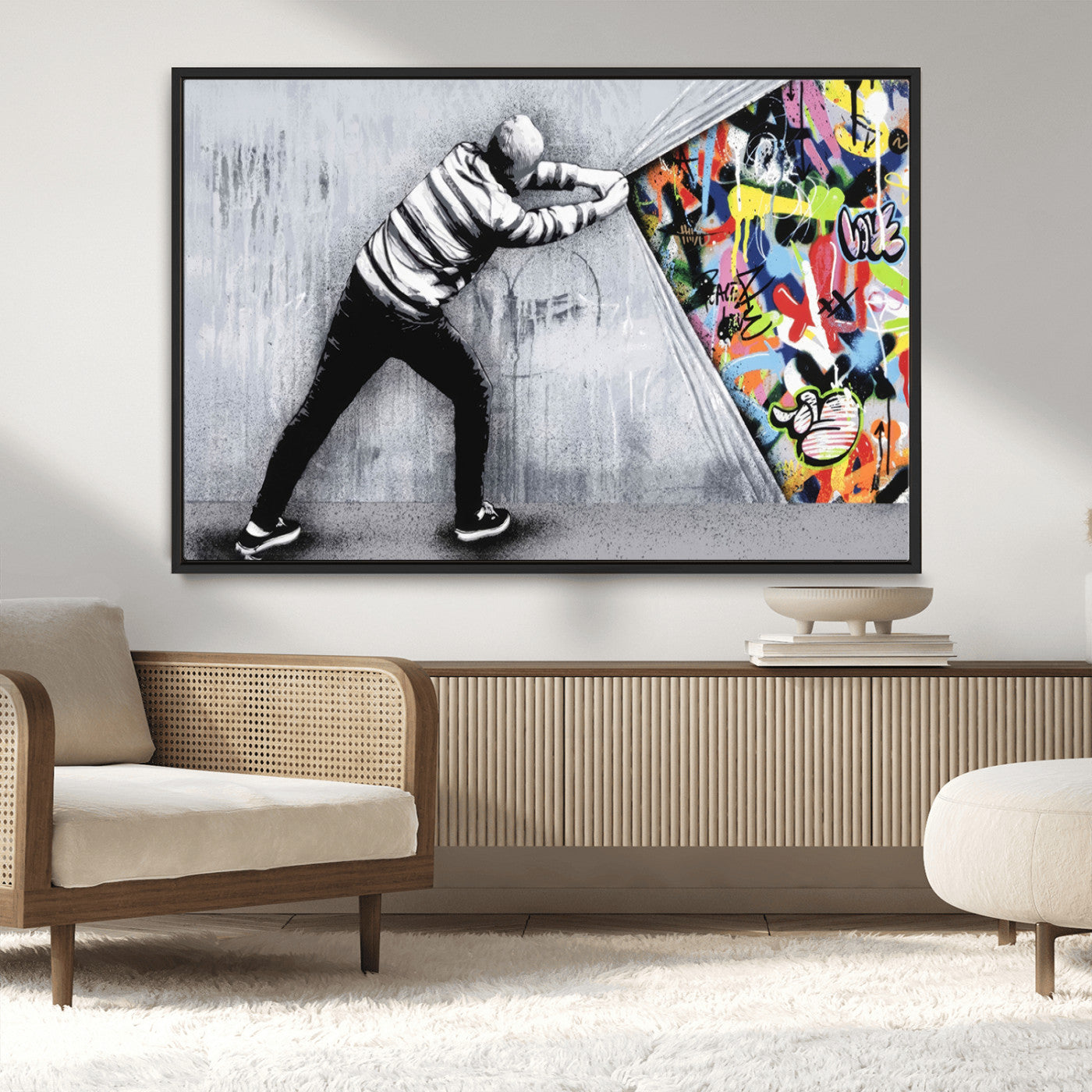 MGV-FC-36X24 - Banksy Art Behind the Curtain Street Wall Art Canvas Print | 3-Panel Urban Graffiti-Inspired Wall Art for Living Room or Office
