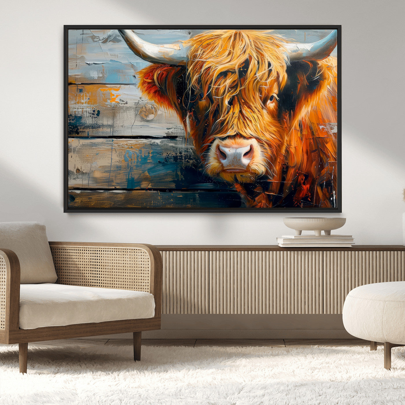 -Highland Cow Abstract Canvas Wall Art – Bold Farmhouse Rustic Decor – Ready to Hang