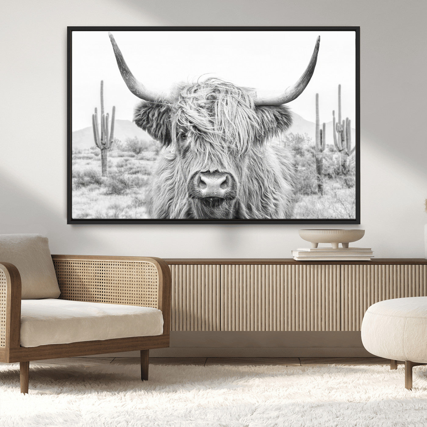 -Rustic Charm | Cow Longhorn Black White Bighorn Wall Art Canvas Print | Farmhouse Wall Art