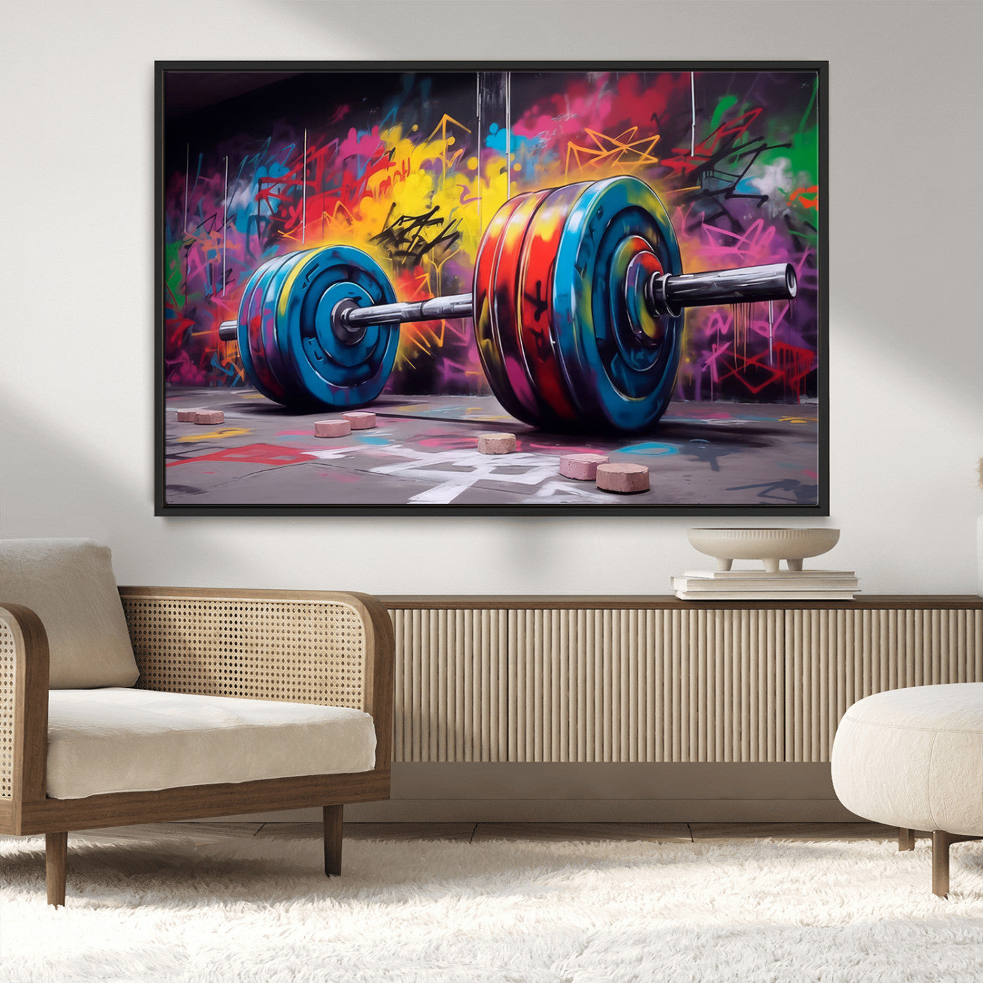 MGV-FC-36X24 - Abstract Graffiti Barbell Canvas Wall Art – Urban Fitness Meets Bold Street Art Print - Gym Wall Art Print