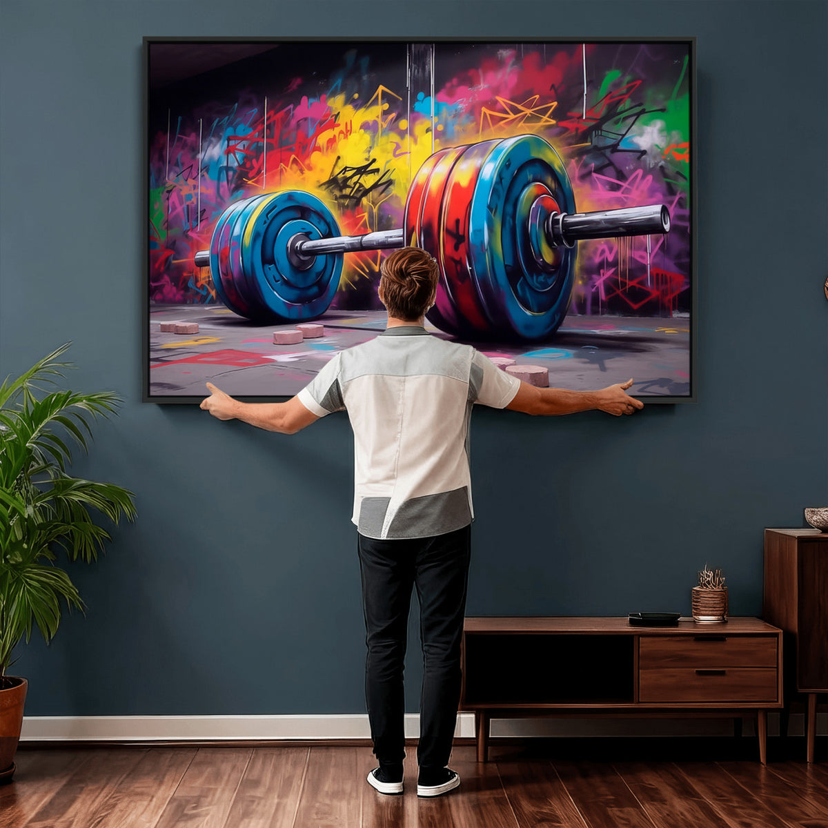 13549-MGV-CV-36X24 - Abstract Graffiti Barbell Canvas Wall Art | Urban Fitness Meets Bold Street Art