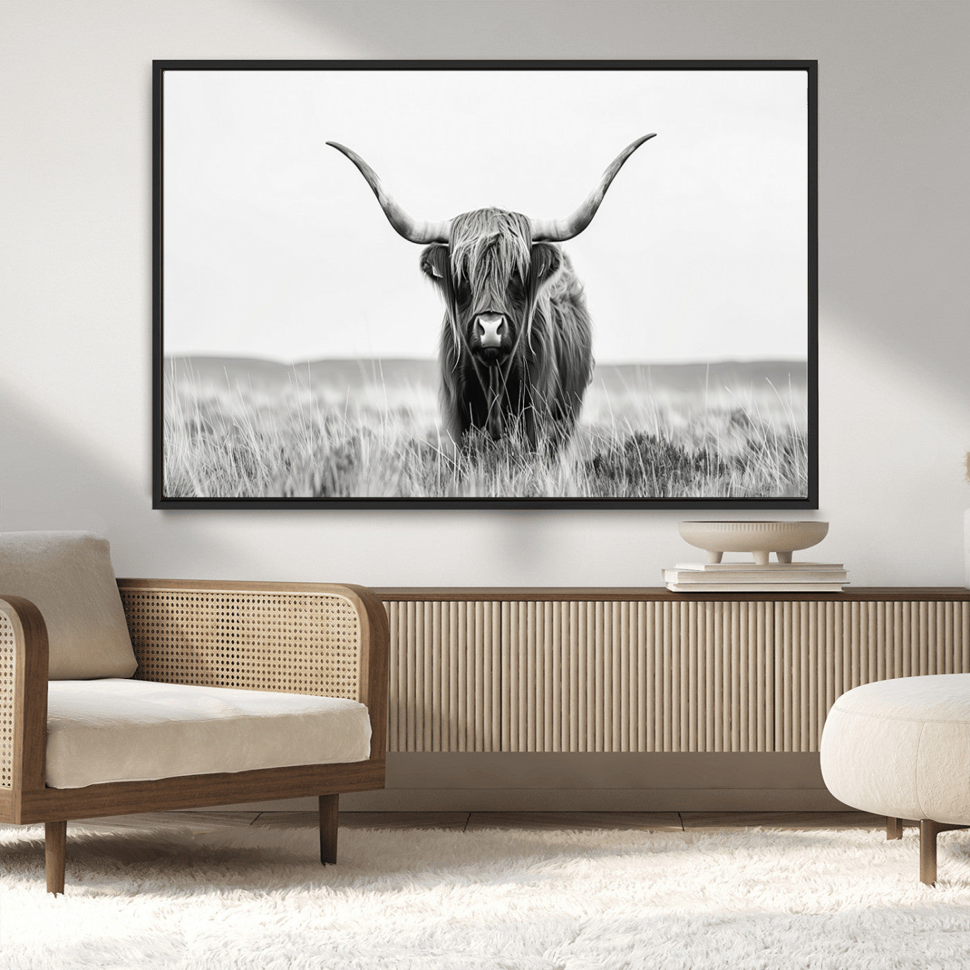 MGV-FC-36X24 - Highland Cow Canvas Wall Art – Majestic Beauty in Black and White