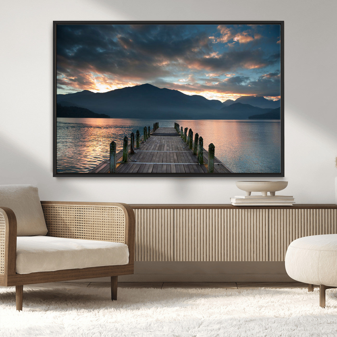 MGV-FC-36X24 - Mountain Lake Wood Pier Canvas Wall Art Nature Lake Print
